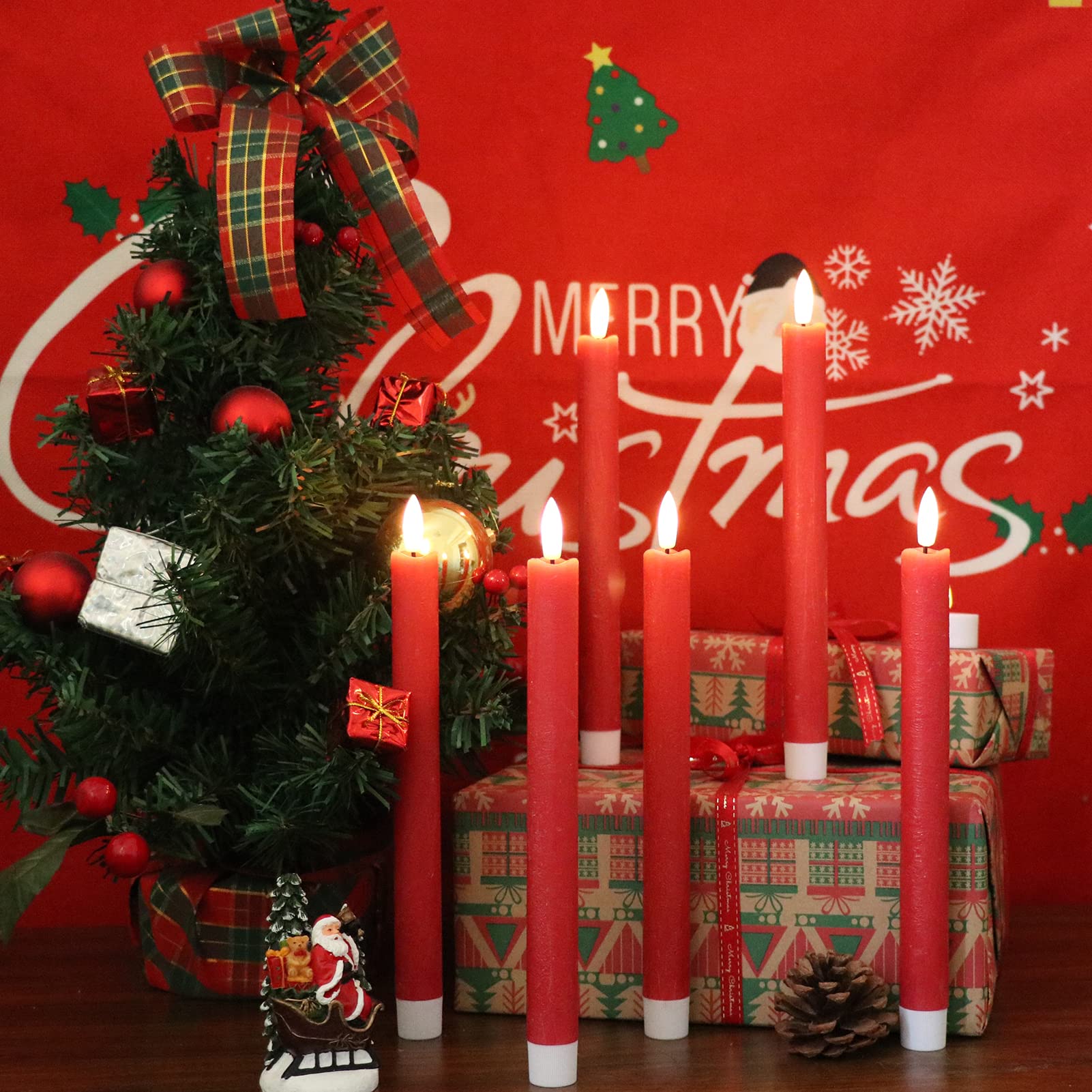 Genswin Flameless Red Taper Candles Flickering With 10 Key Remote, Battery Operated Led Warm 3D Wick Light Window Candles Real W