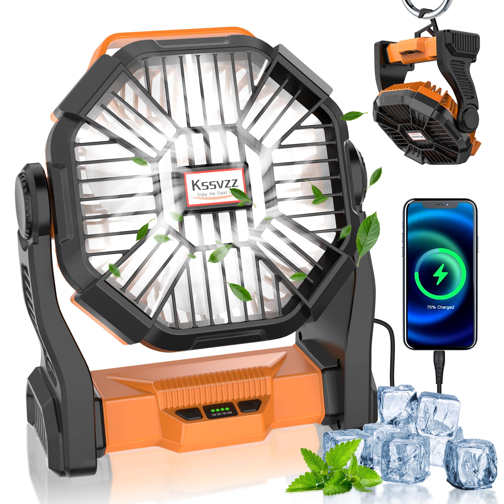 Portable Camping Fan Rechargeable with LED Lantern - 20000mAh Cordless Battery Powered Fan, 4 Speed Quiet USB Table Desk Fan, Ba