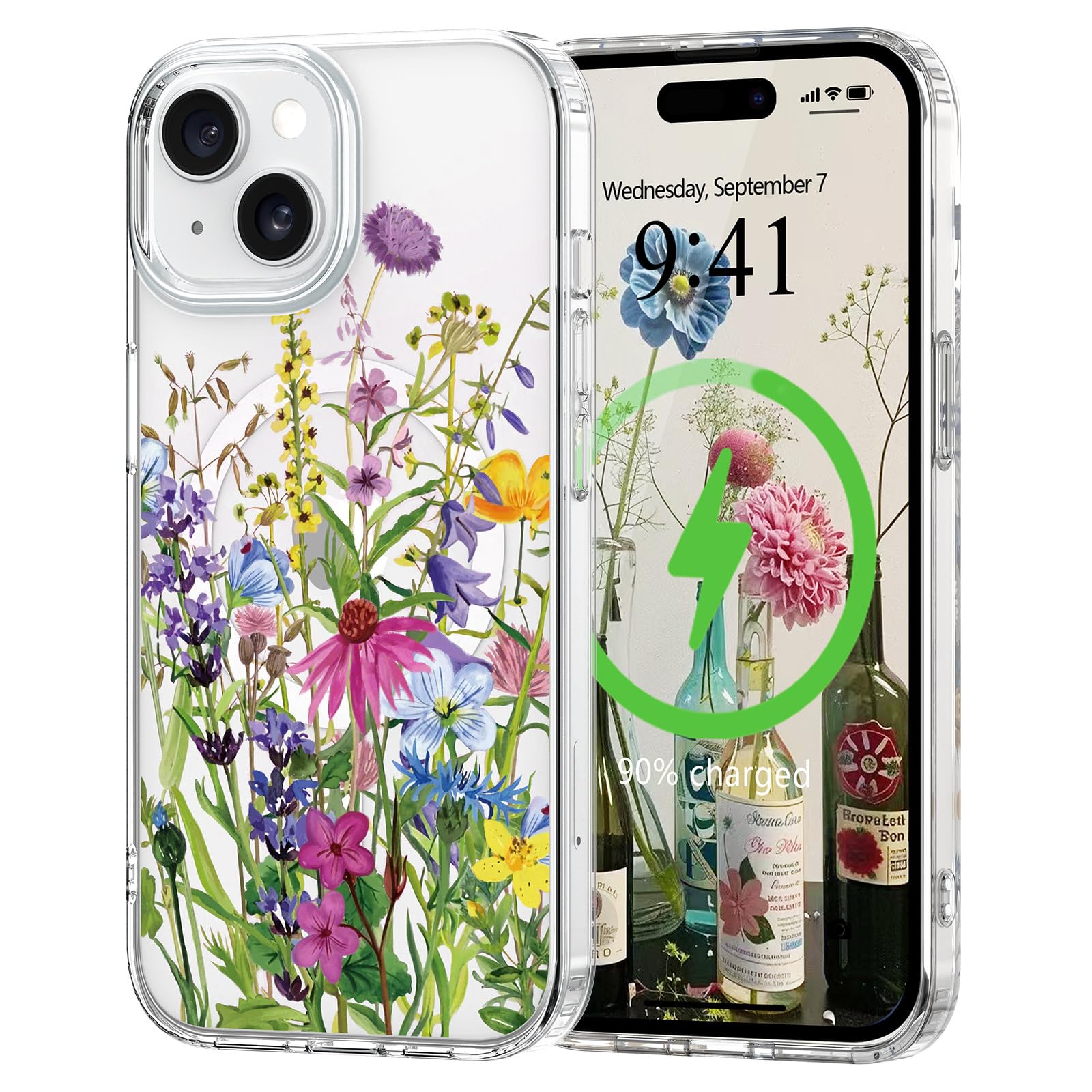 L-FADNUT for iPhone 15 Plus Case [Compatible with Magsafe], Cute Flower Girls Women Clear Case Silicone Shockproof Protective Co