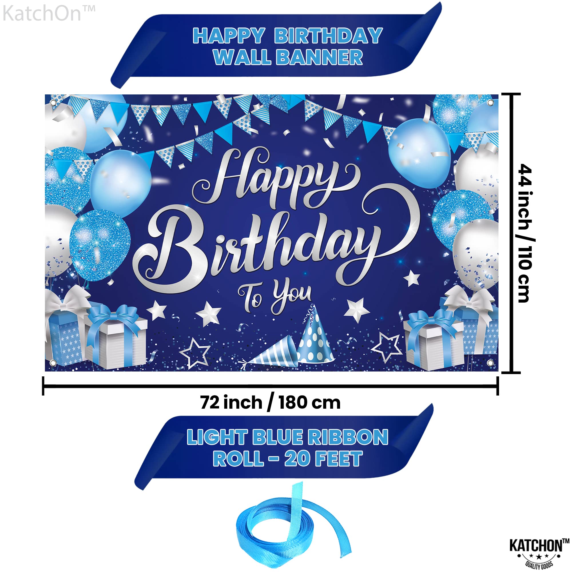 Katchon, Silver And Blue Happy Birthday Banner   Xtralarge, 72X44 Inch | Blue Happy Birthday Backdrop | Blue Birthday Banner For