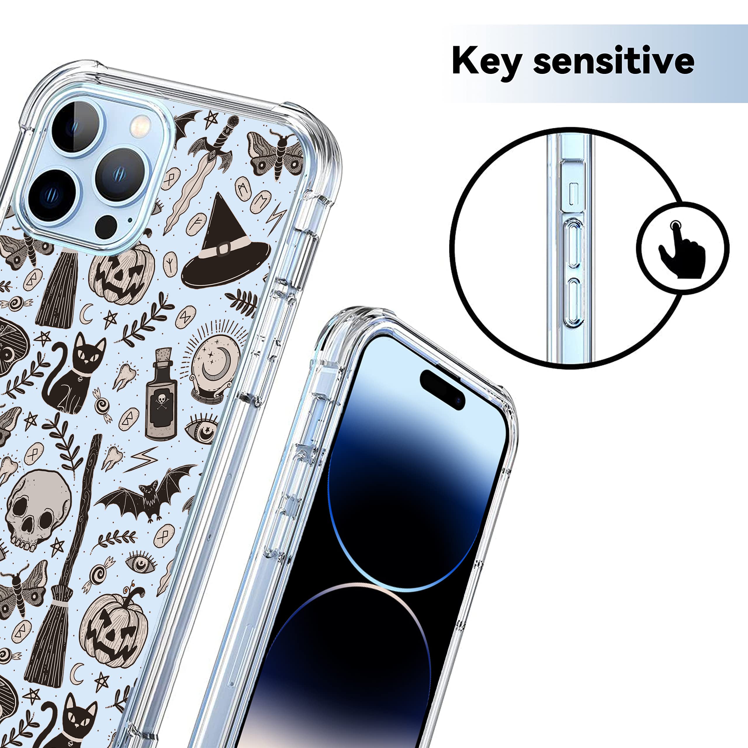 Vesidurt Black Halloween Clear Case For Iphone 14 Pro Max,Pumpkin Skull Bat Pattern For Men Women,Trendy Transparent Soft Tpu Bu