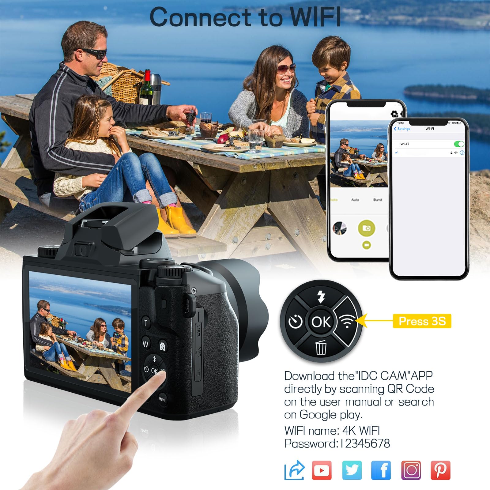 Digital Cameras For Photography, Nikicam 4K 64Mp Wifi Vlogging Camera For Youtube With Dual Camera, 4'' Touch Screen Compact Cam