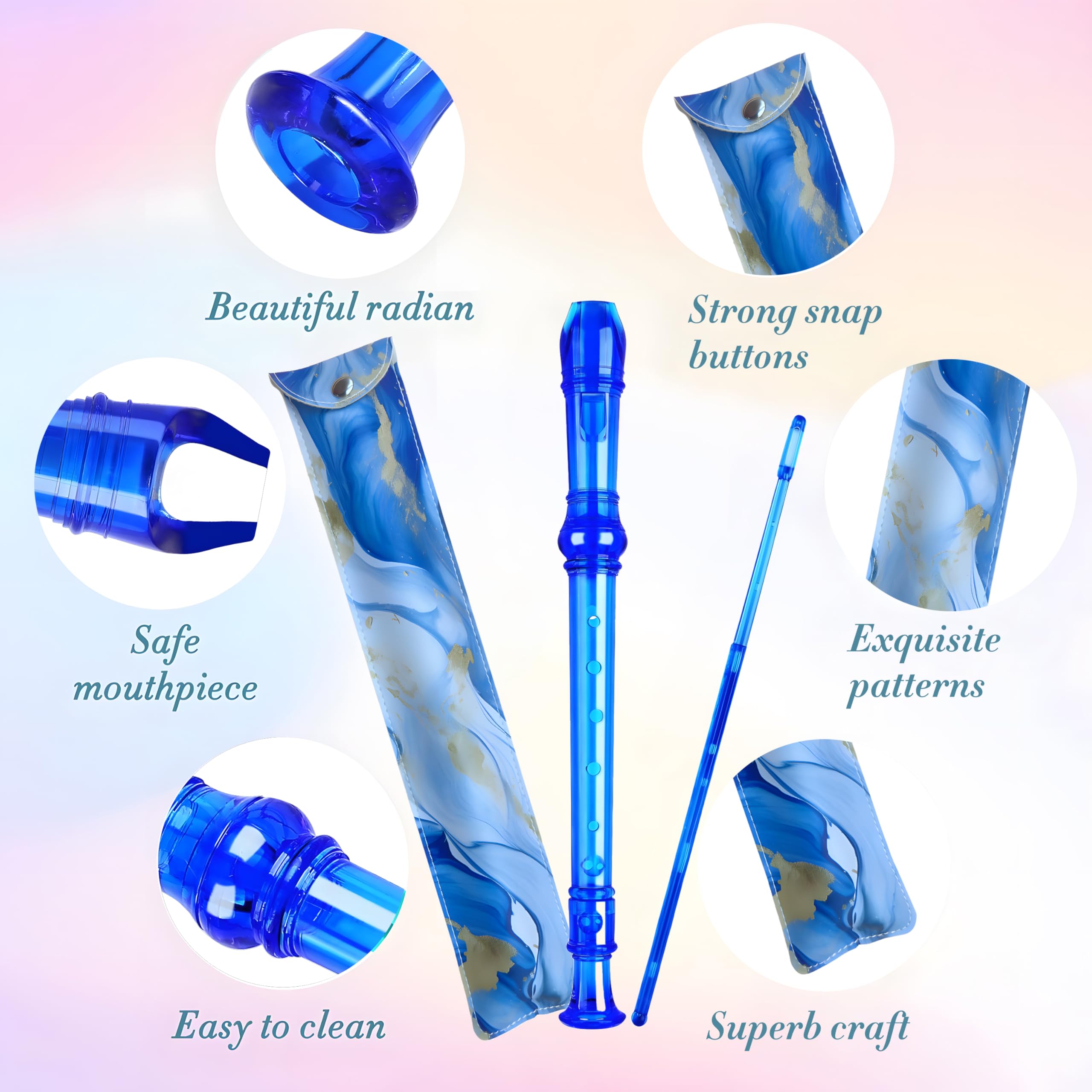 Soprano Recorder For Kids Beginners, German Fingering, C Key, 3 Piece With Cleaning Rod, Bag, Fingering Chart (Crystal Blue)