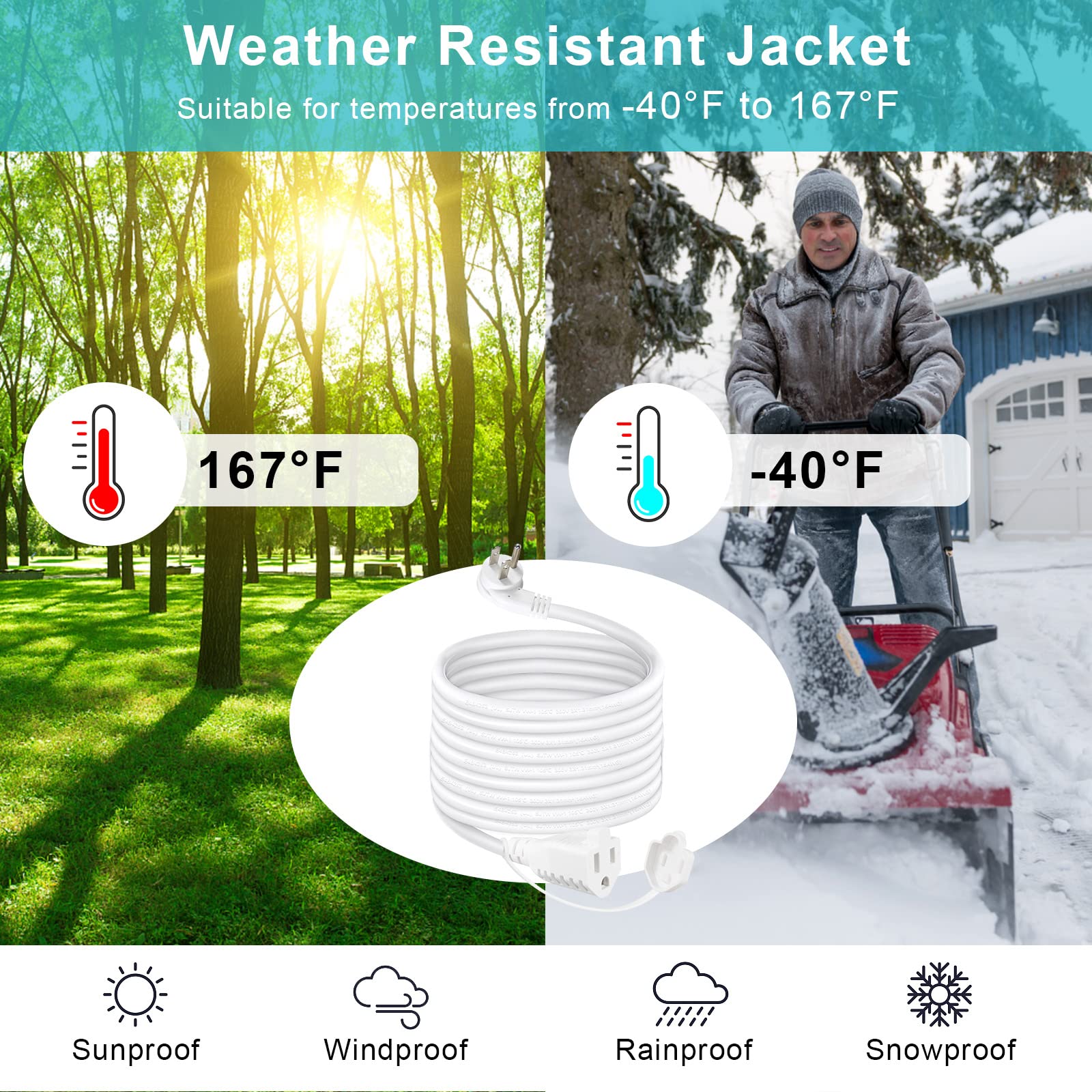 10Ft Outdoor Weatherproof Power Extension Cord   White Low Profile Flat Plug 3Prong Extension Cord, Sjtw 16Gauge Heavy Duty Weat