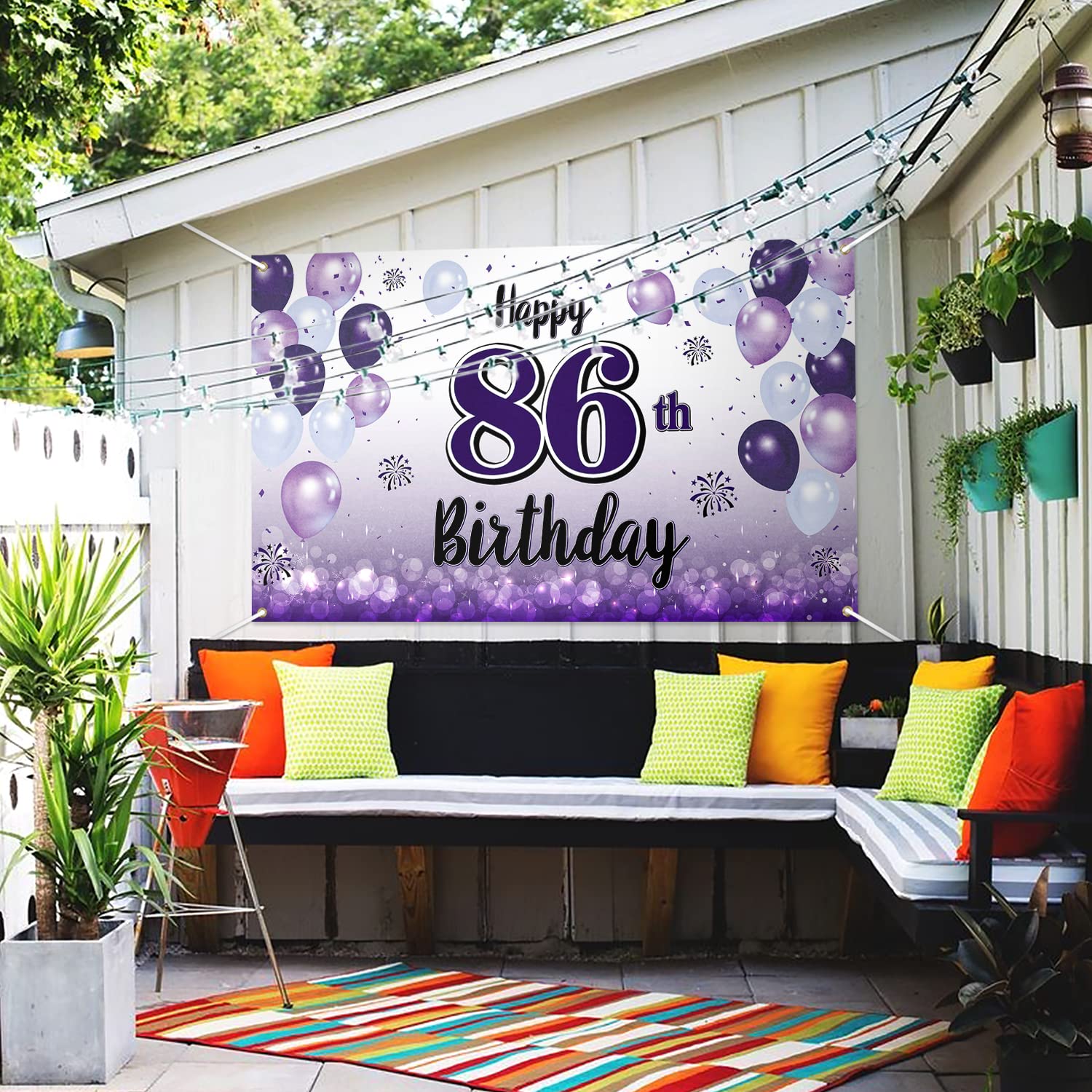 Laskyer Happy 86Th Birthday Decorations,86Th Purple Balloon Large Birthday Banner Backdrop Sign,86 Years Old Bday Party Supplies