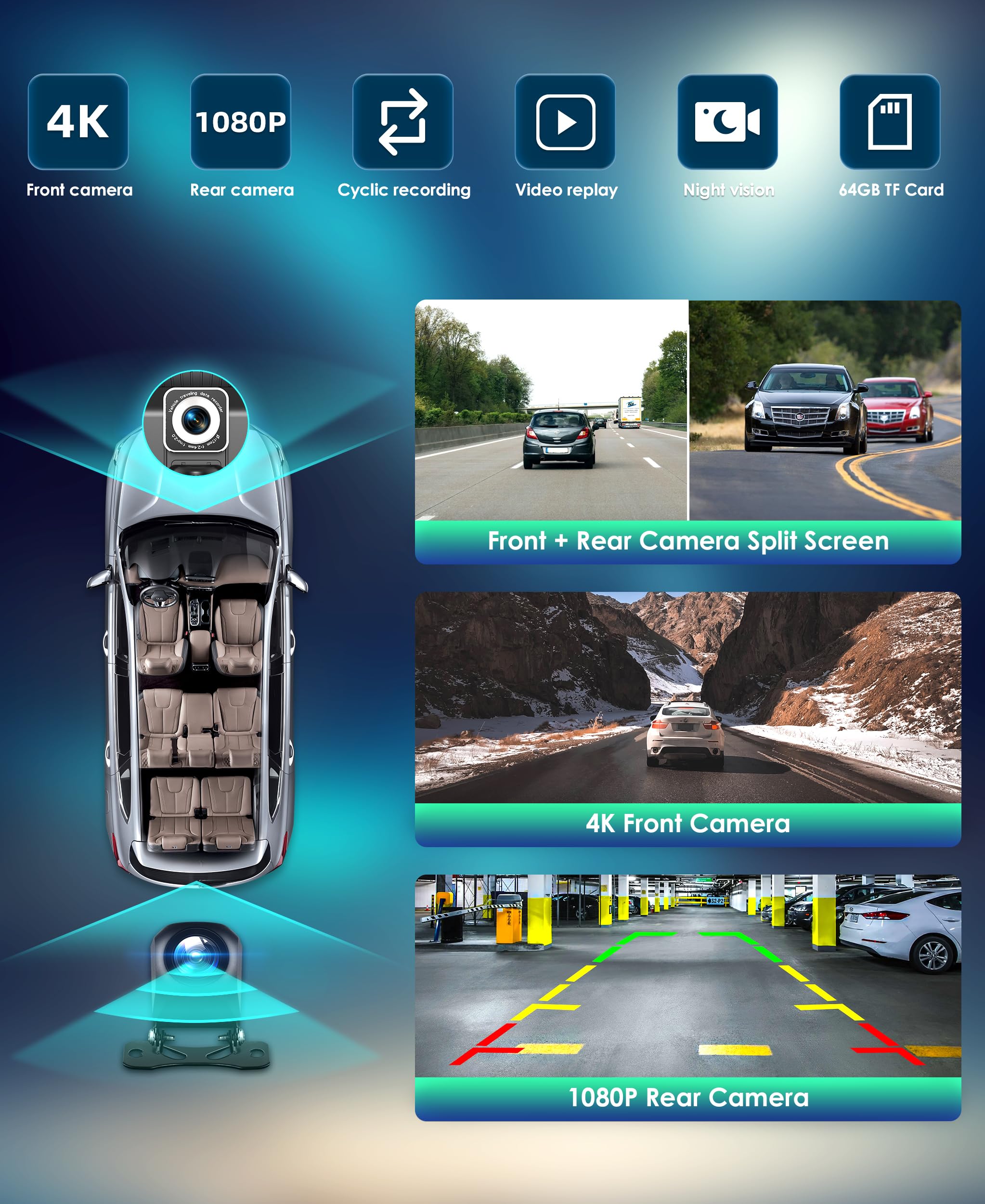 9'' Carplay Screen For Car, Portable Car Stereo With Wireless Carplay & Android Auto, 4K Dash Cam, 1080P Camera, Gps Navigation,