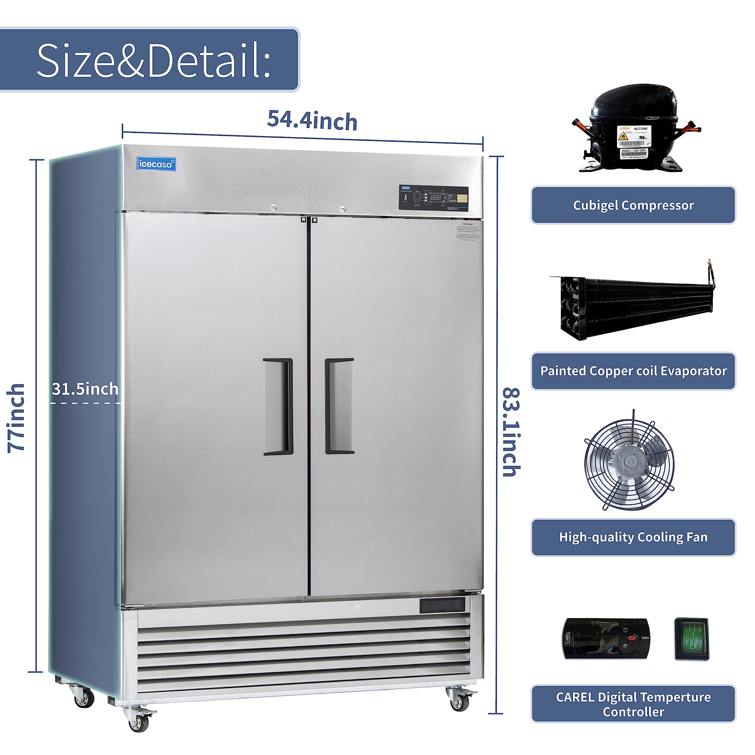 Icecasa 54  W Commercial Refrigerator Reach-In 49 Cu.Ft 2 Solid Door Stainless Steel Commercial Refrigerator Fan Cooling For Res