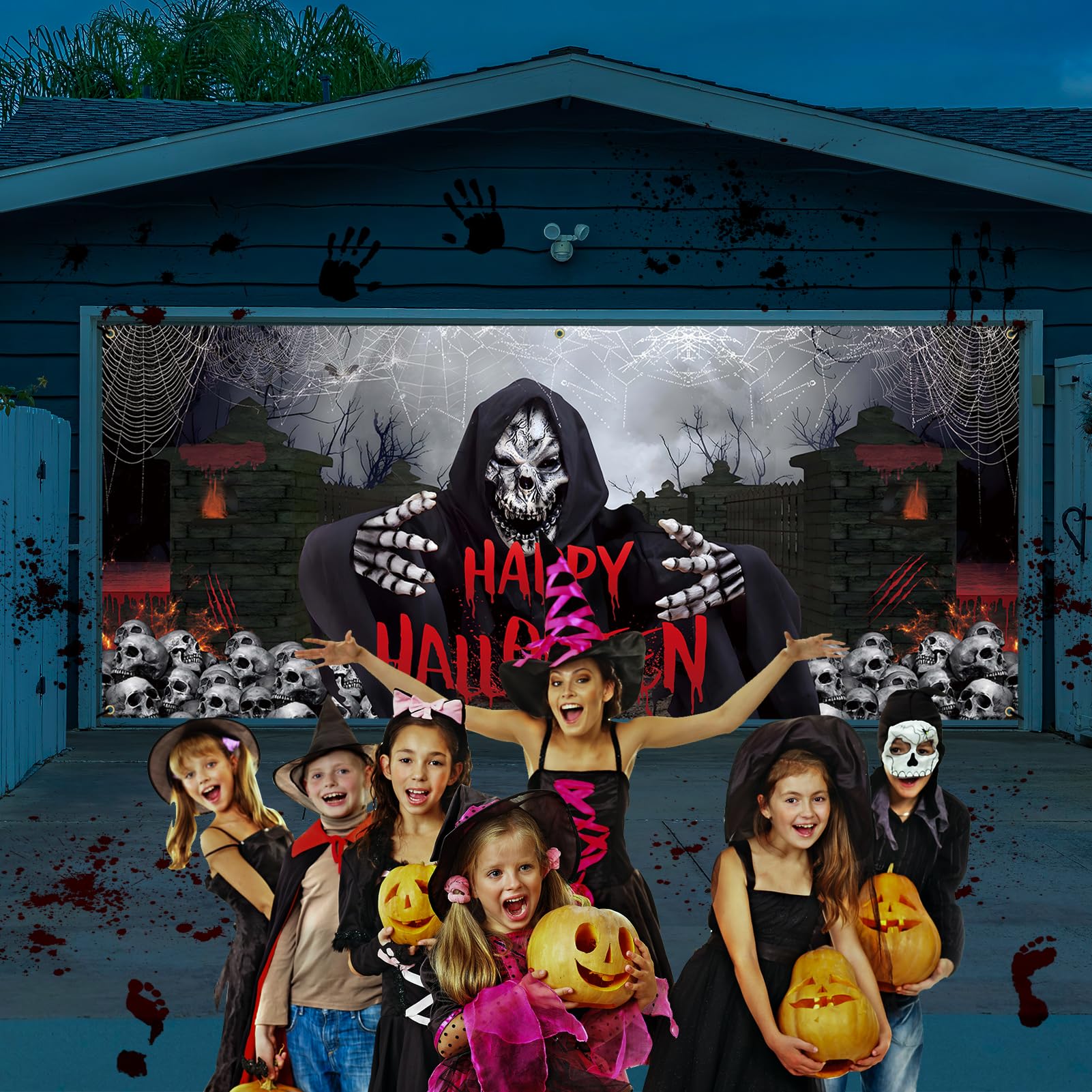 Vlipoeasn Halloween Garage Door Decorations, 7X16 Ft Halloween Garage Door Cover Banner, Skull Ghosts Halloween Outdoor Party Ph