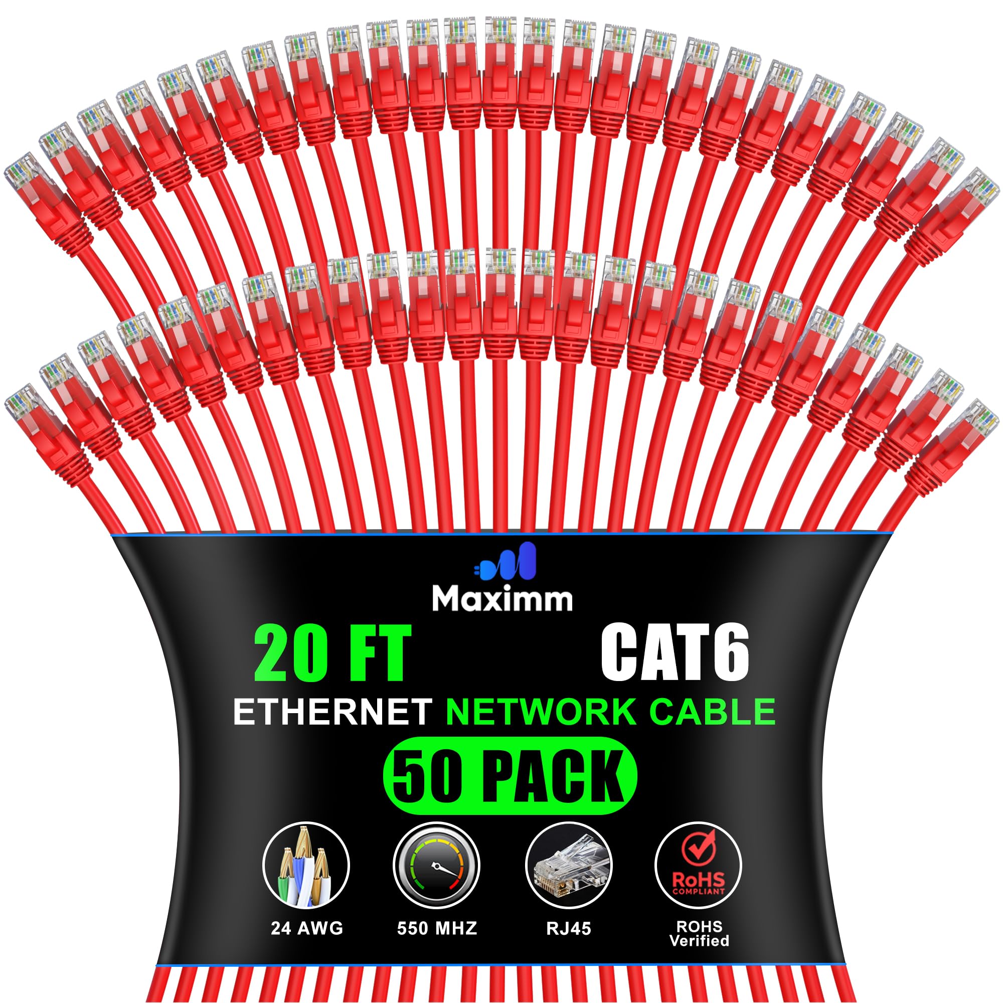 Maximm Cat 6 Ethernet Cable 20 ft (50-Pack) - High-Speed LAN, Internet, Patch, Network Cord - UTP, 10Gbps, 550MHz - Red