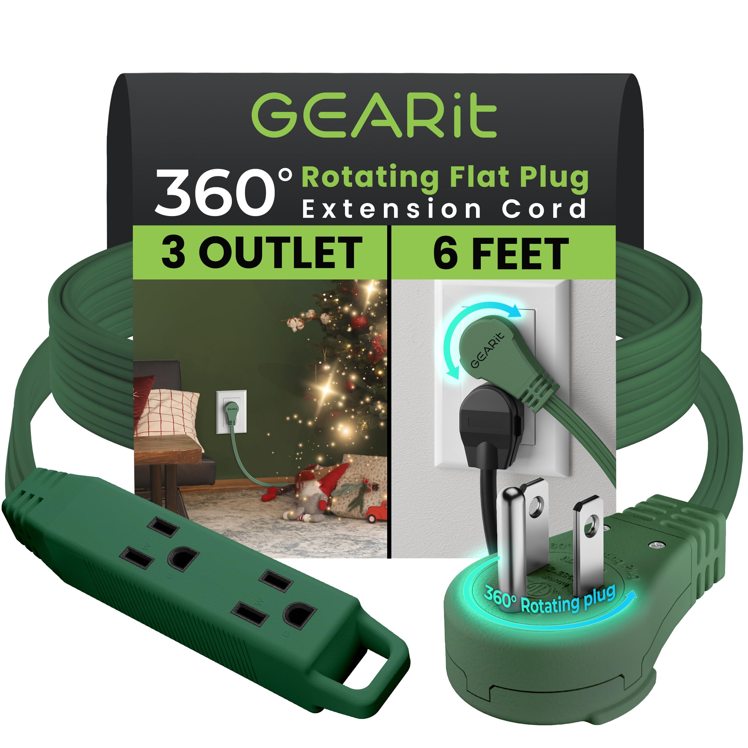 Gearit 360 Rotating Flat Plug Short Extension Cord With 3 Outlets (6Ft, Green) 16Awg/13A 3 Prong Wire, Outlet Saver For Home Off