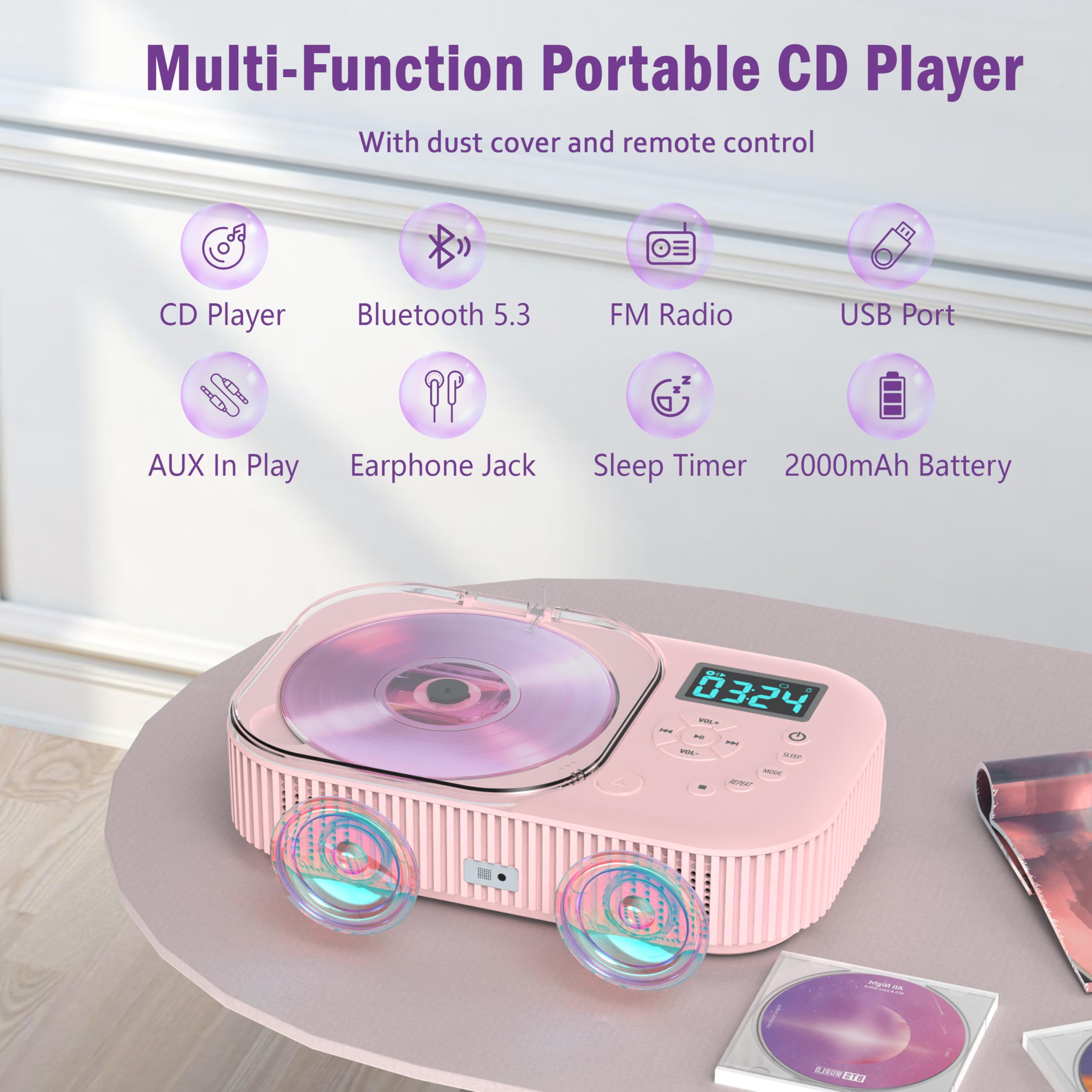 Pink Cd Player With Bluetooth 5.3 & Anti Skip, Portable Cd Player For Kids & Home, 2000Mah Rechargeable, Fm Radio/Usb/Aux, Sleep Timer & Gift Bundle � Hifi Sound & Remote Control