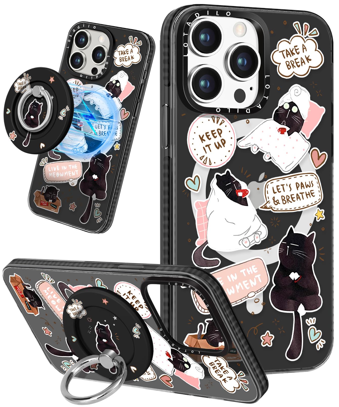 Lotadilo for iPhone 13 Pro Case for Women Girls - Cute Design Compatible with Magsafe Magnetic Ring Holder Stand Black Cat Aesth