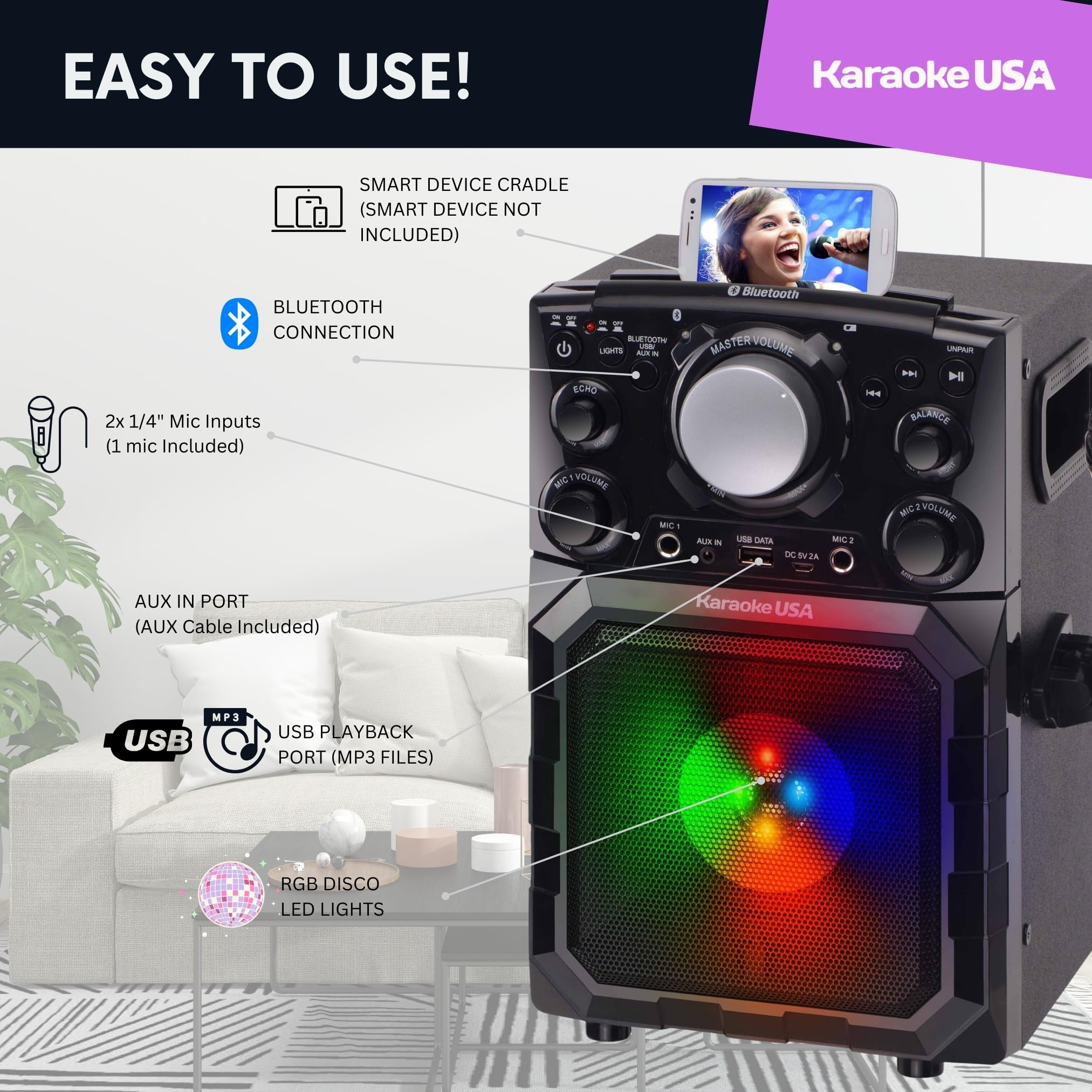 Karaoke Usa Portable Mp3 Karaoke Player With Bluetooth, Pa, And Built In Battery (Gq410) , Black