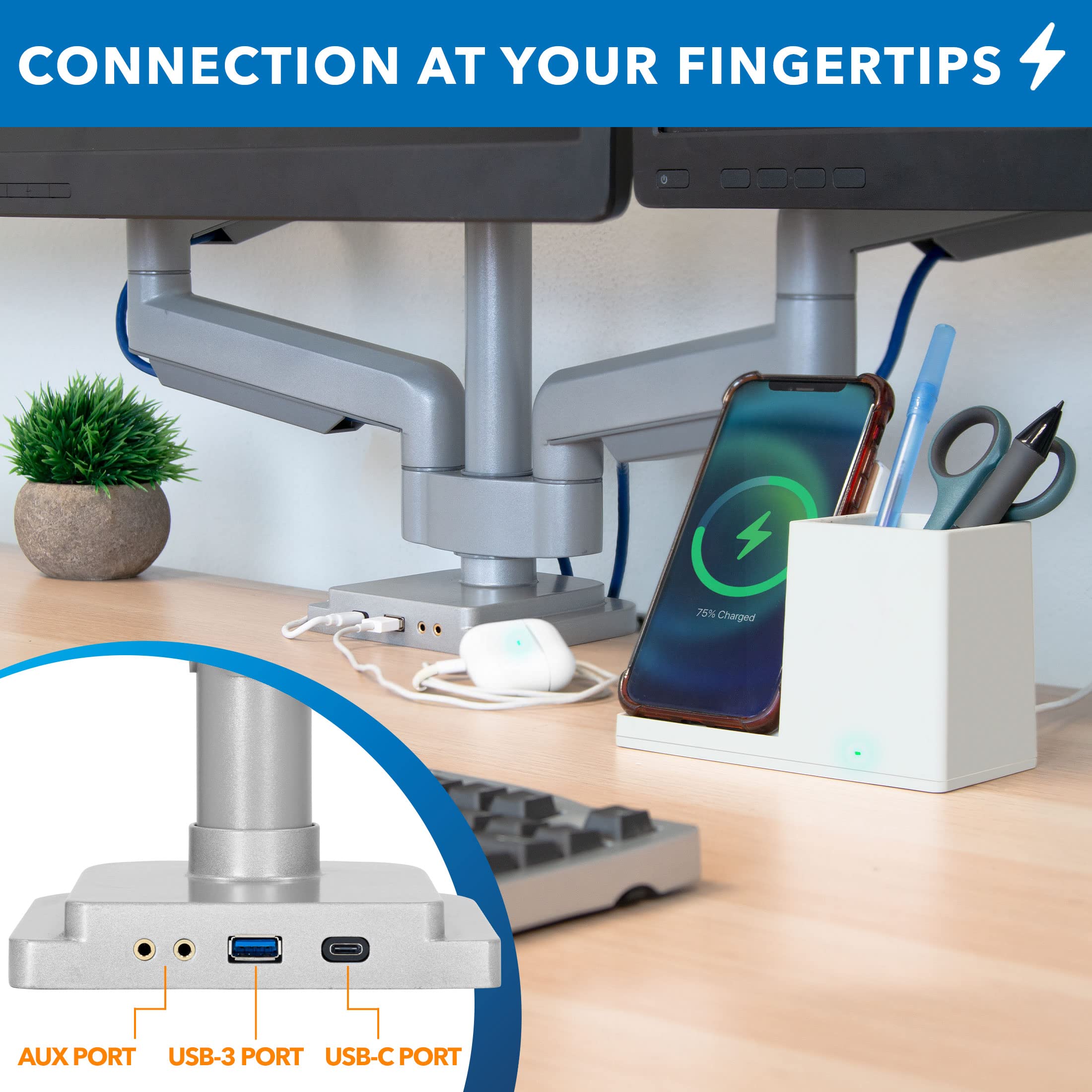 Mount It! Triple Monitor Mount with USB and Audio Ports, 3 Monitor Desk Mount, Balanced Height Adjustable Triple Monitor Stand for Three Computer Screens 24 27 30 32 Inch VESA Screens, Gaming, Office