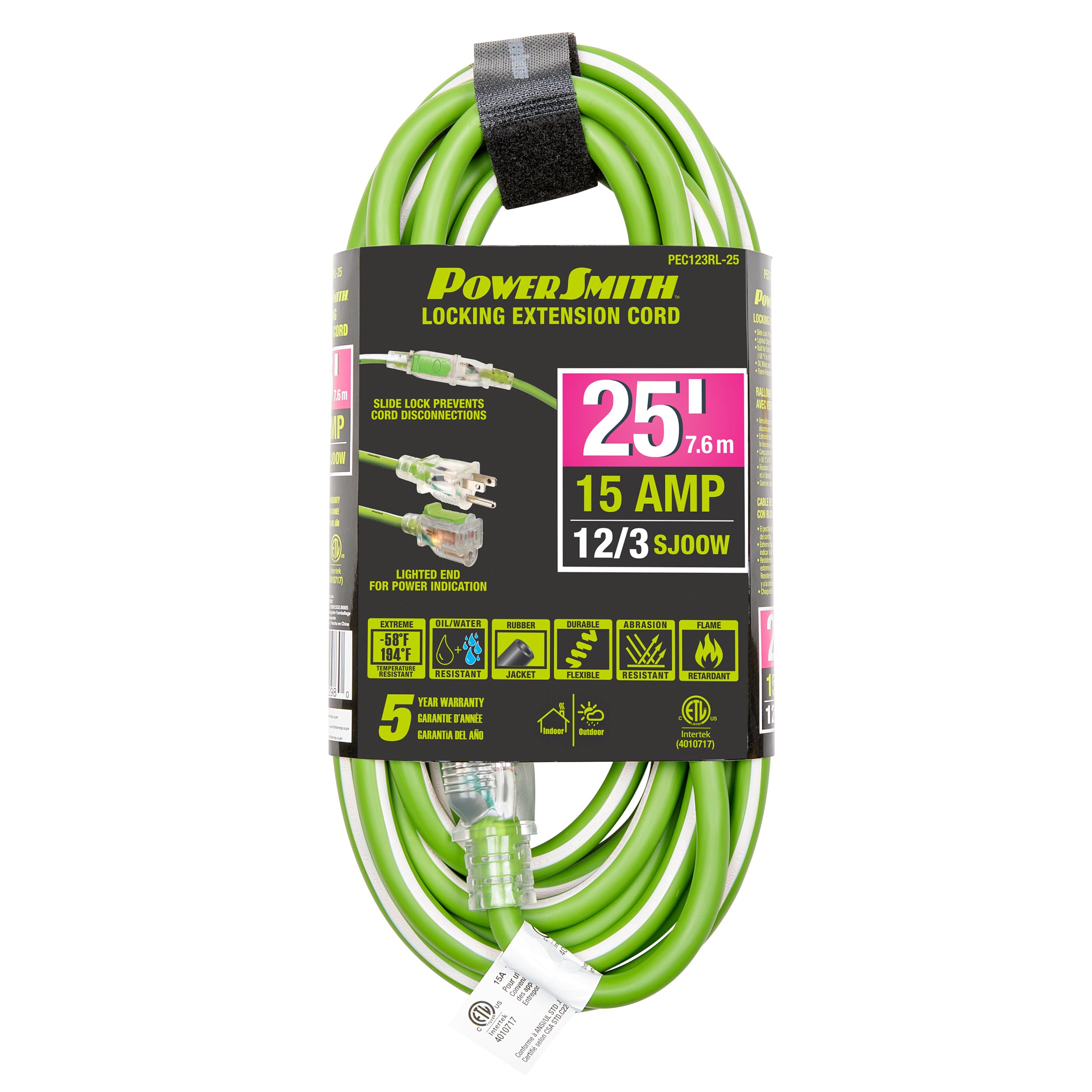 Heavy Duty Extension Cord 25 Ft. 12/3, Lighted End, Locking, Flexible Rubber Jacket,  58F To 194F, 5 Year Warranty, Green