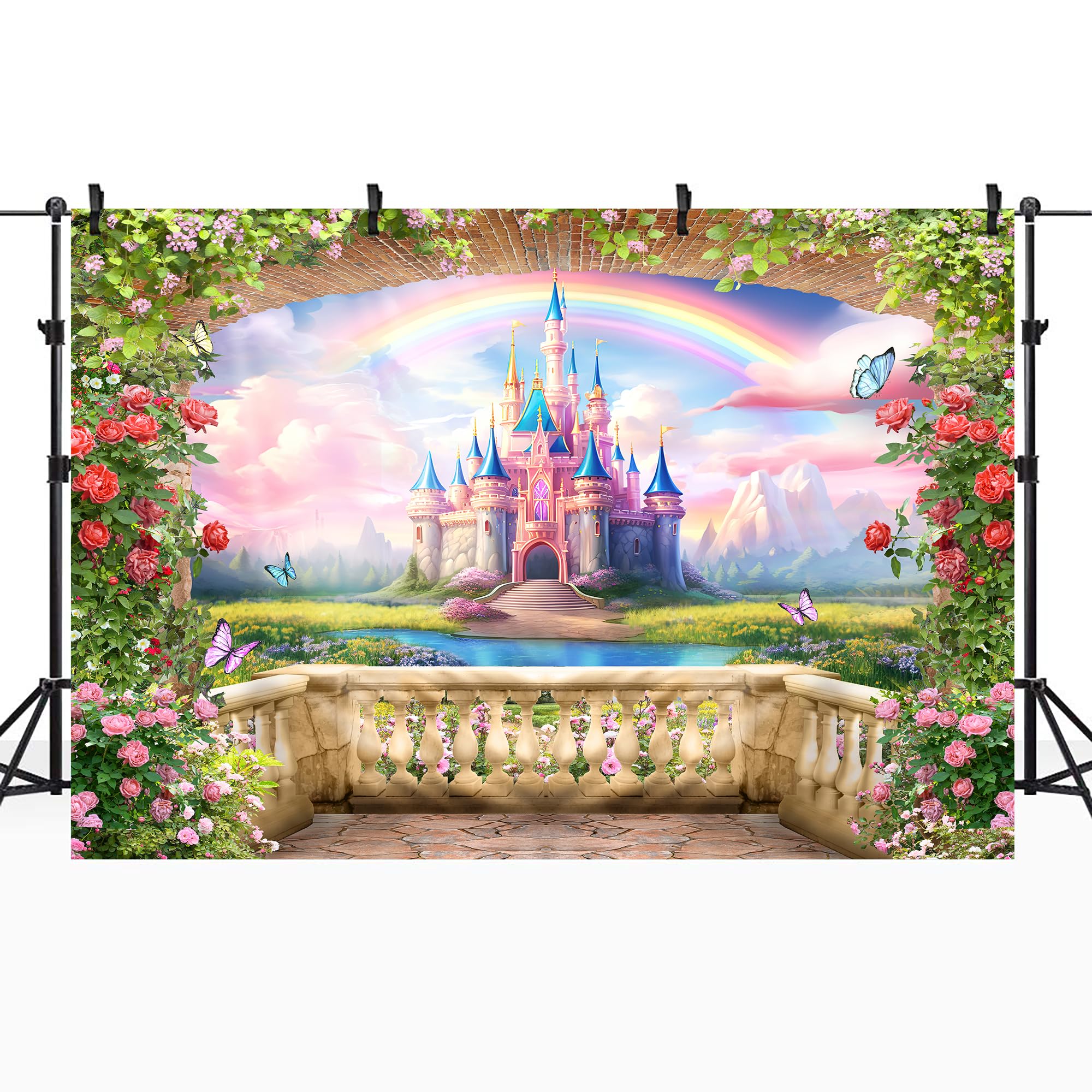 Riyidecor Pink Castle Backdrop Polyester Fabric Princess Flower Blossom Spring Floral Butterfly 7Wx5H Feet Fairy Fantasy Balcony