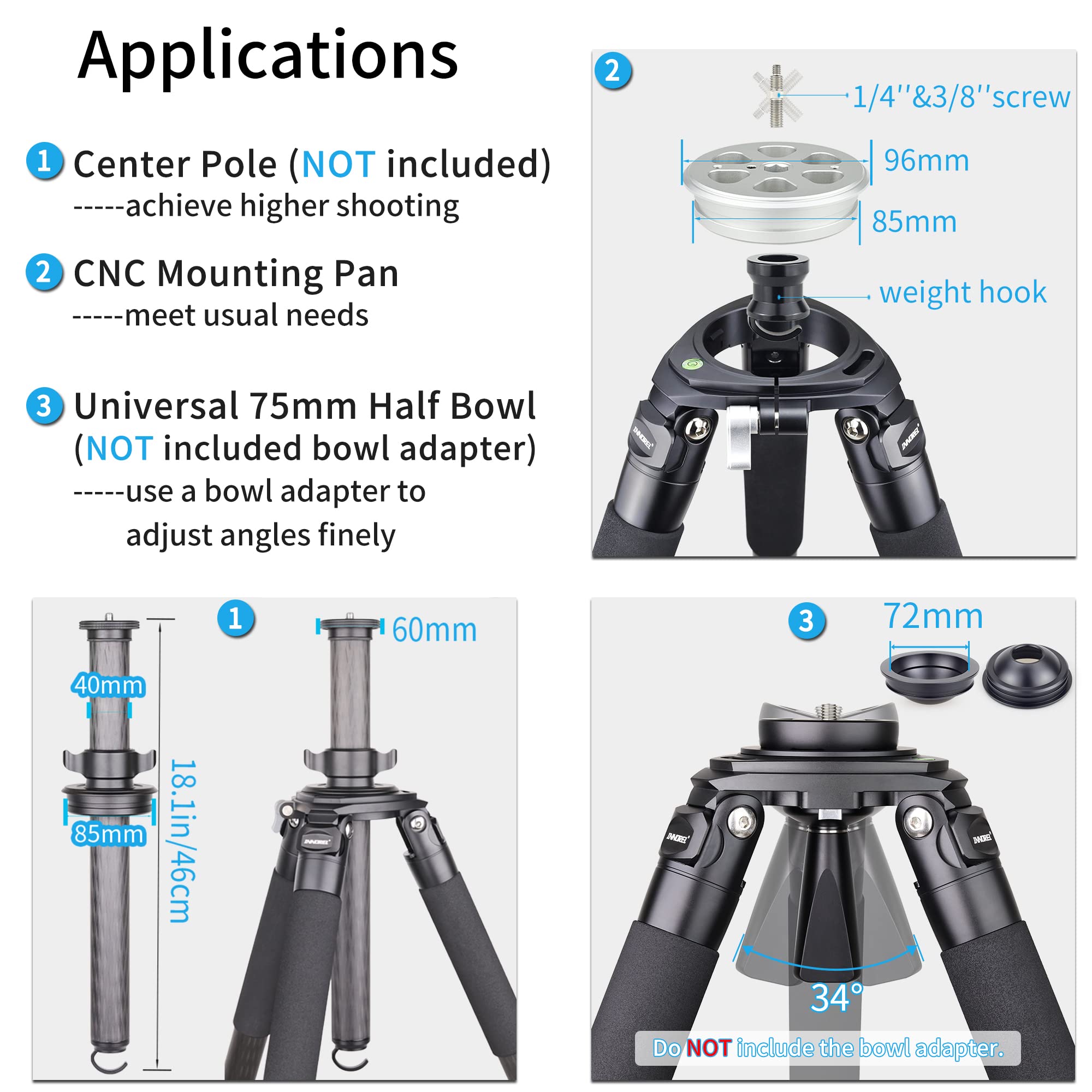 Carbon Fiber Tripod Innorel Rt90C Bowl Tripods Professional Heavy Duty Camera Stand For Dslr Cameras Compatible With Ball Head And Fluid Head, 63 Inch, 40Mm Tube 40Kg Load Black