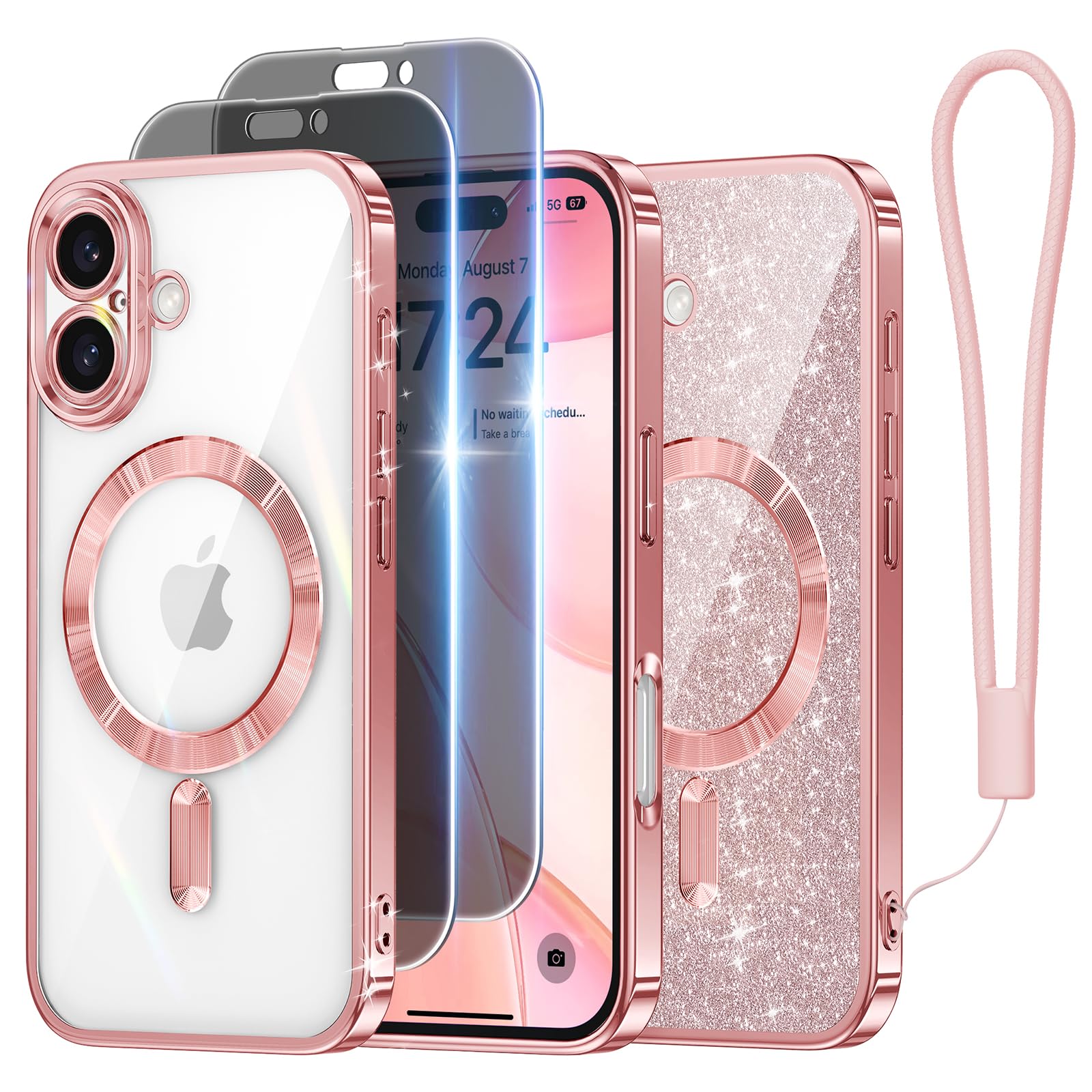 Meifigno Designed For Iphone 16 Plus Case 6.7'', [Glitter Card & Wrist Strap] [Compatible With Magsafe] [2X Privacy Screen Prote