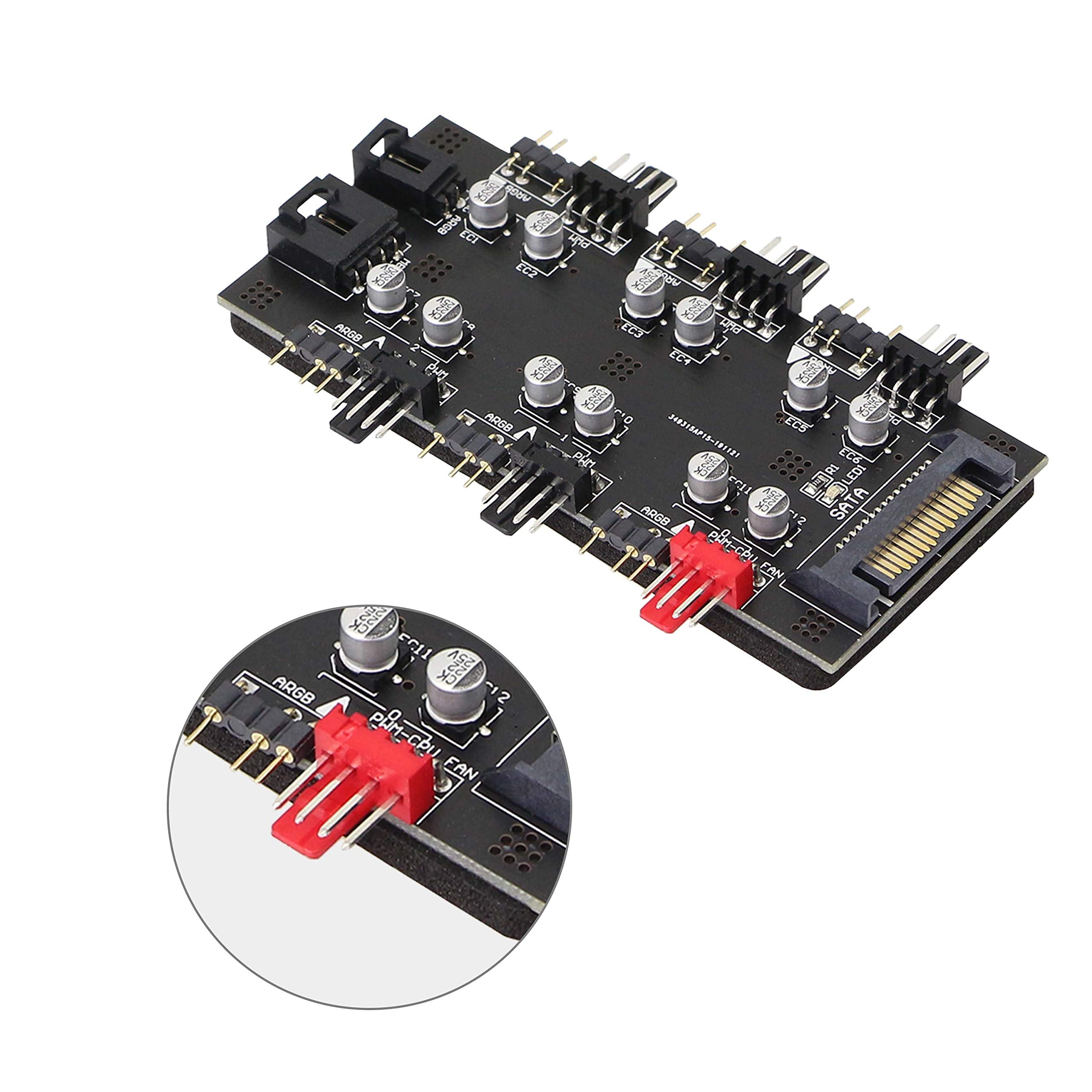 XMSJSIY 12V 4Pin PWM & 5V 3Pin ARGB Hub - 6 Way Sync CPU Cooling Fan Splitter for Desktop Motherboards, Black