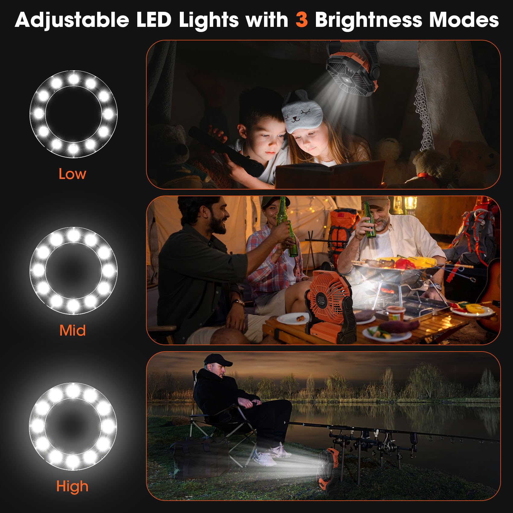 Deller 20400Mah Portable Rechargeable Fan, Tent Fan For Camping With Led Light & Hook, Battery Powered Fans For Beach Travel Tre