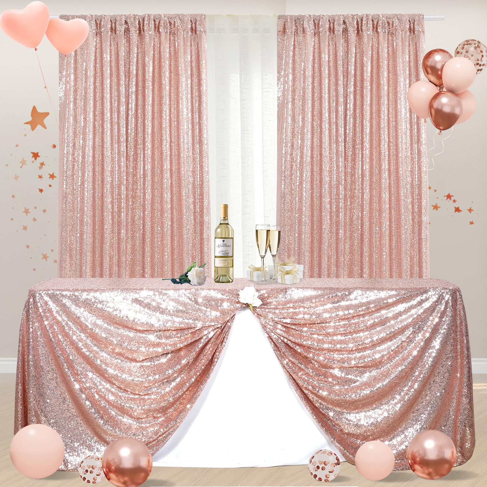 Poise3Ehome Rose Gold Sequin Backdrop, 2 Panels Sequin Backdrop Curtain, 2Ftx8Ft Sequin Curtains For Party Wedding Sequence Back