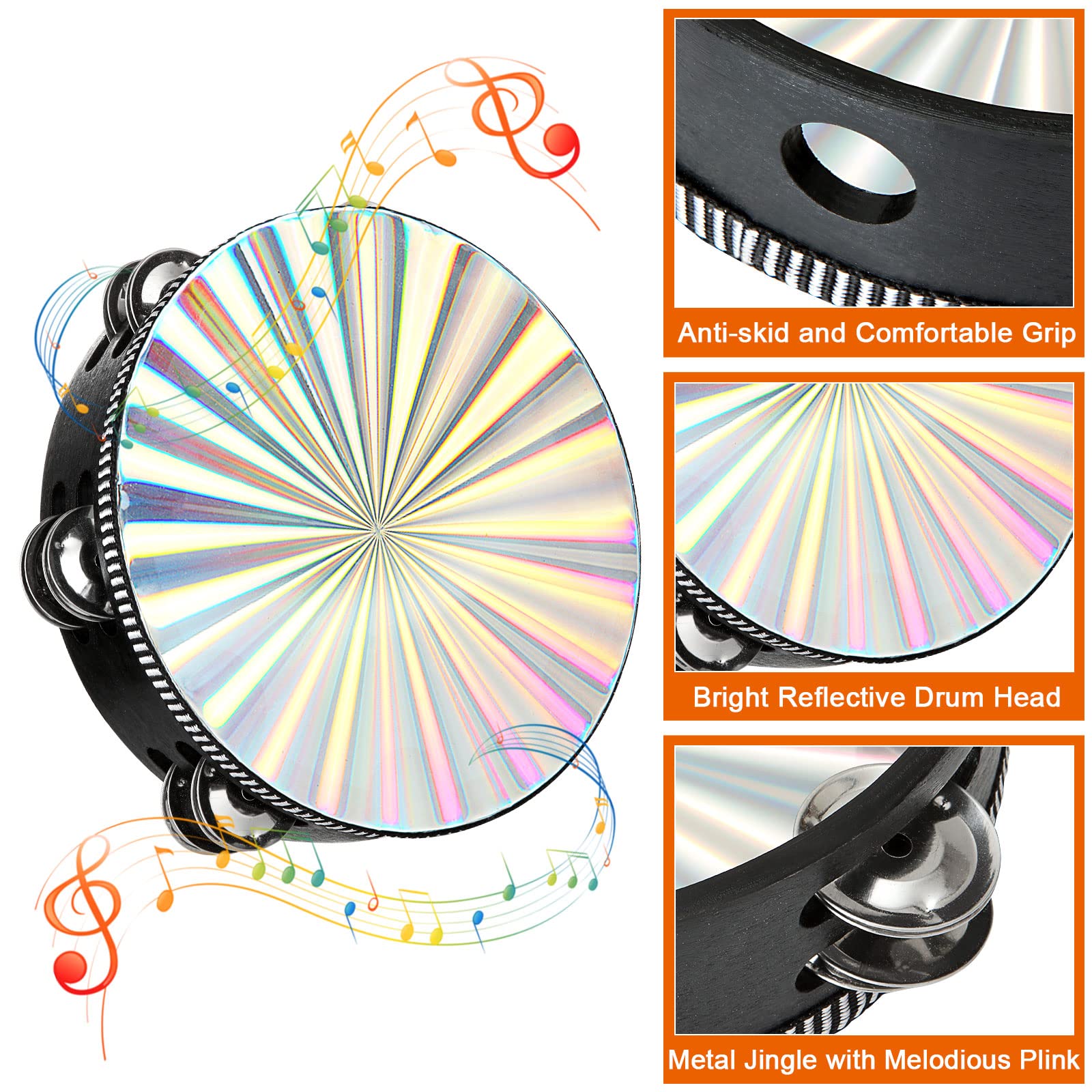 3 Pack Radiant Tambourine 6 Inch 8 Inch 10 Inch Hand Held Wood Tambourine Metal Jingles Musical Educational Instrument Rhythm Pe