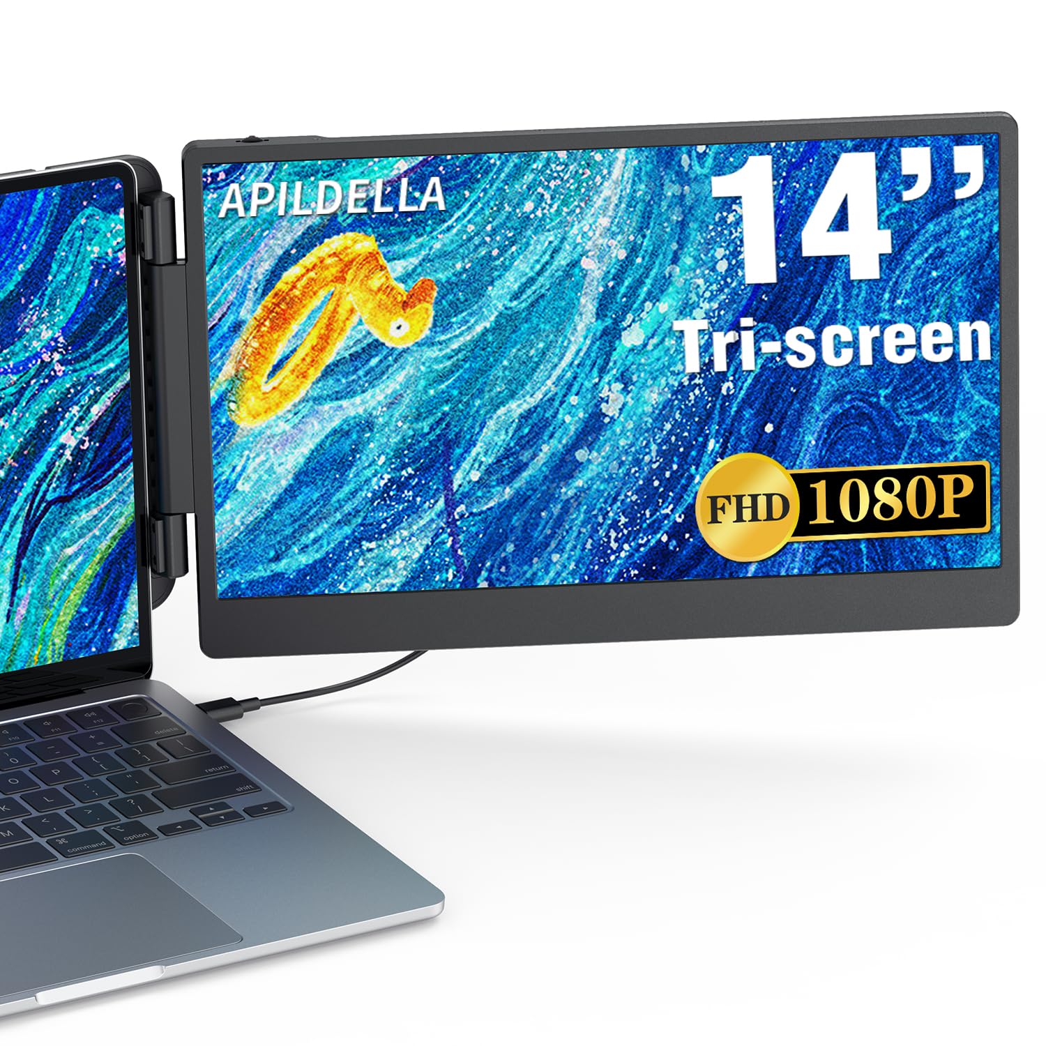 Apildella 14'' 1080P Portable Dual Monitor Extender For Laptops   Usb C And Hdmi, Plug Play For Dual Display On Mac And Windows,