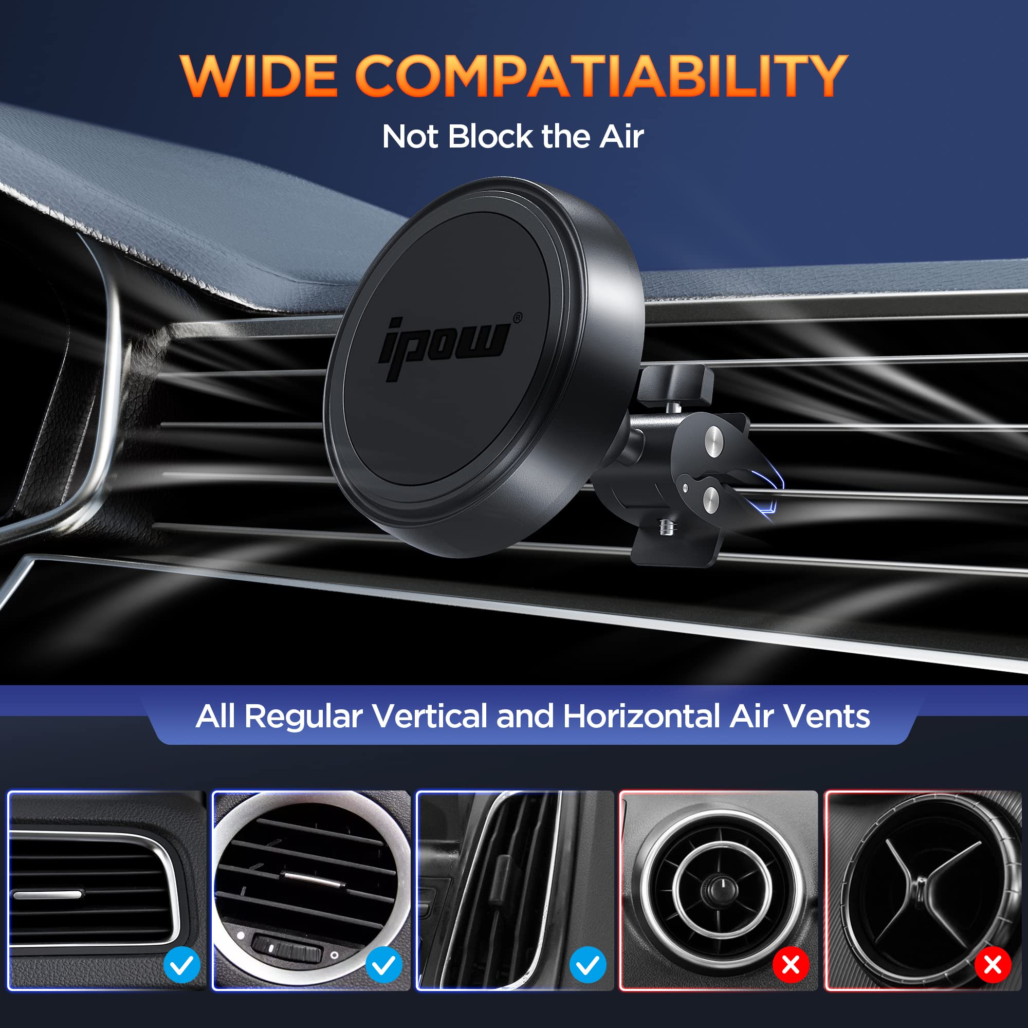 Ipow Magnetic Phone Holder For Car, [Upgrade Alligator Clip] Strongest Magnet Power Cell Phone Mount For Car Vent Compatible Wit