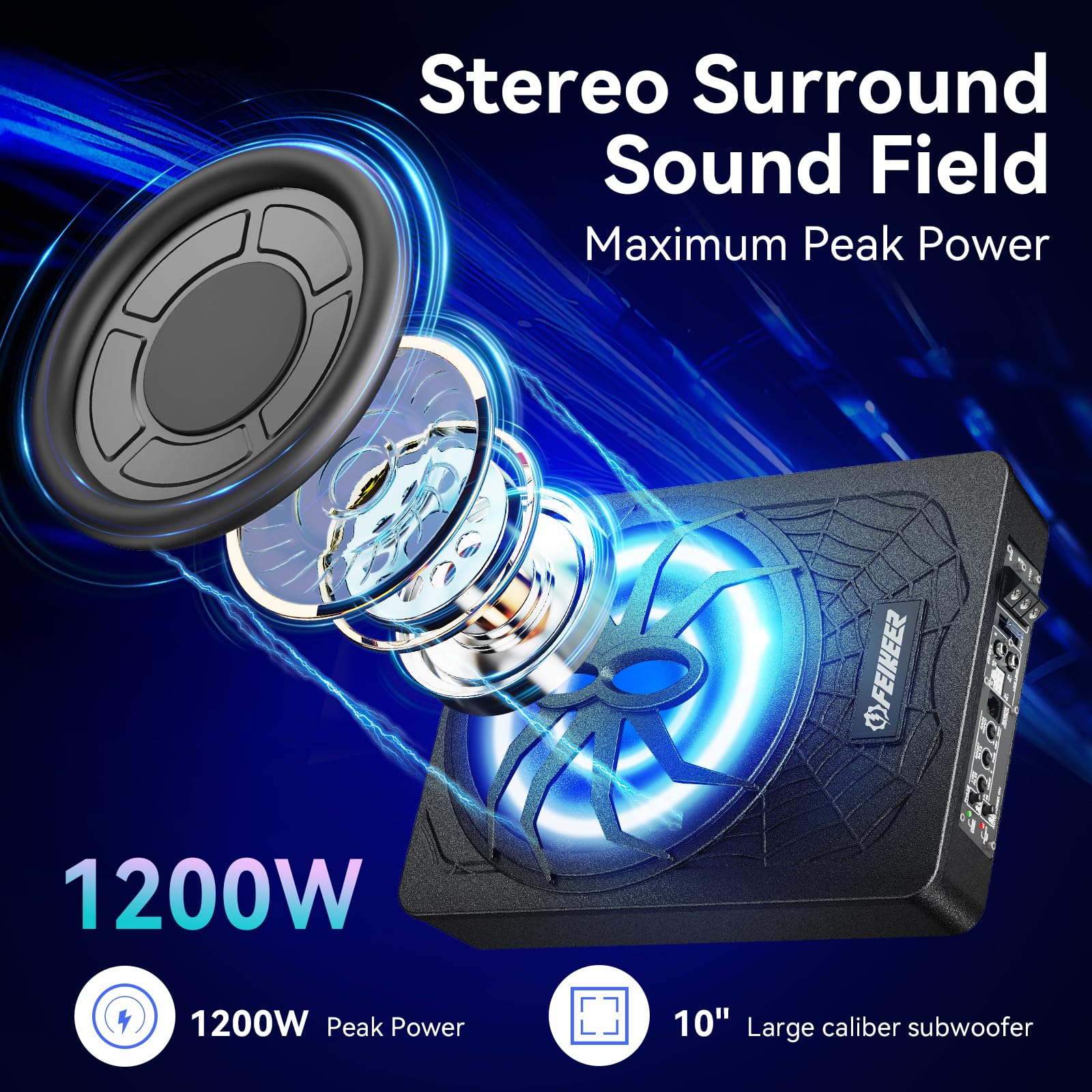 2025 10'' 1200W Under Seat Car Subwoofer, With Multicolor Led Lighting, Deep Bass Enhancement, Space Saving Design. Under Seat S