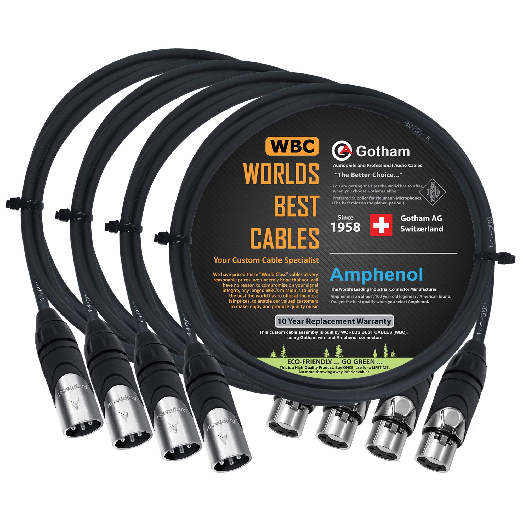 4 Units   4 Foot   Gotham Gac 4/1 (Black)   Star Quad, Dual Shielded Balanced Male To Female Microphone Cables With Amphenol Ax3M & Ax3F Silver Xlr Connectors   Custom Made By Worlds Best Cables