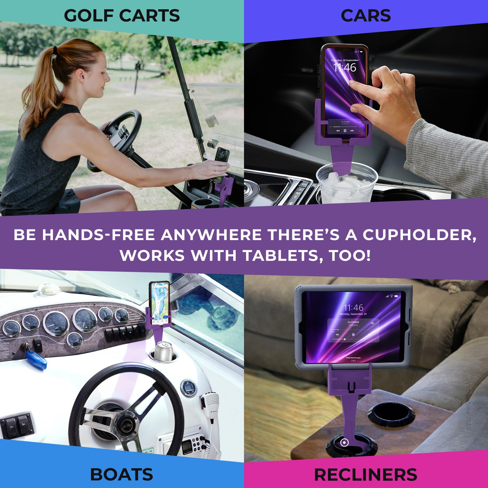 Royal Purple Cup Holder Phone Mount For Car - Cupholder Phone Holder Fits Iphone, Android, Large Phones - Made In Usa - Universa