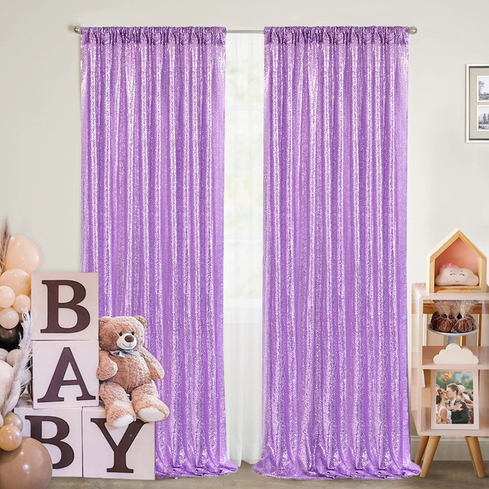 Light Purple Sequin Backdrop Curtains 2 Panels 2Ftx8Ft Photo Backdrop Glitter Birthday Party Curtains