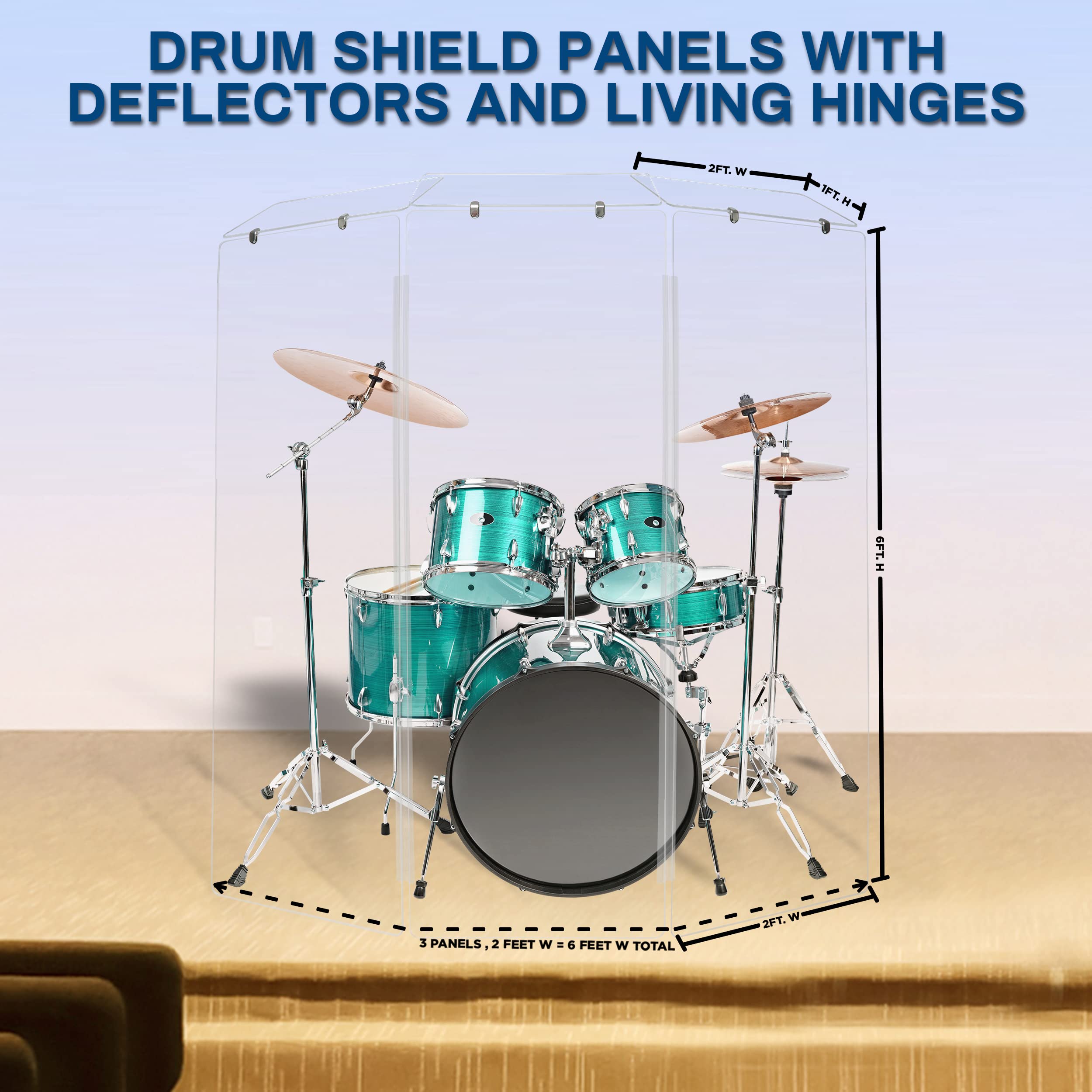 Pennzoni Drum Shield 6Ft W/Deflector & Plastic Hinges, Comes W/ 3 Drum Panels, Plastic Hinges & Deflector Connectors, Premium Cl