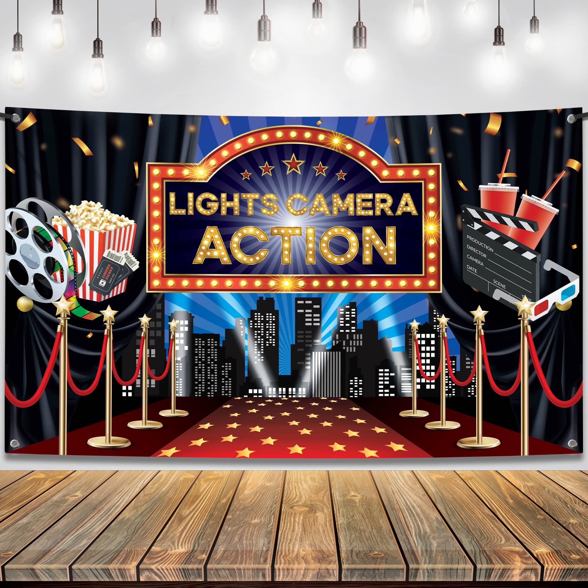 Katchon, Lights Camera Action Backdrop   Large, 72X44 Inch | Movie Theme Party Decorations, Oscar Party Decorations | Lights Cam