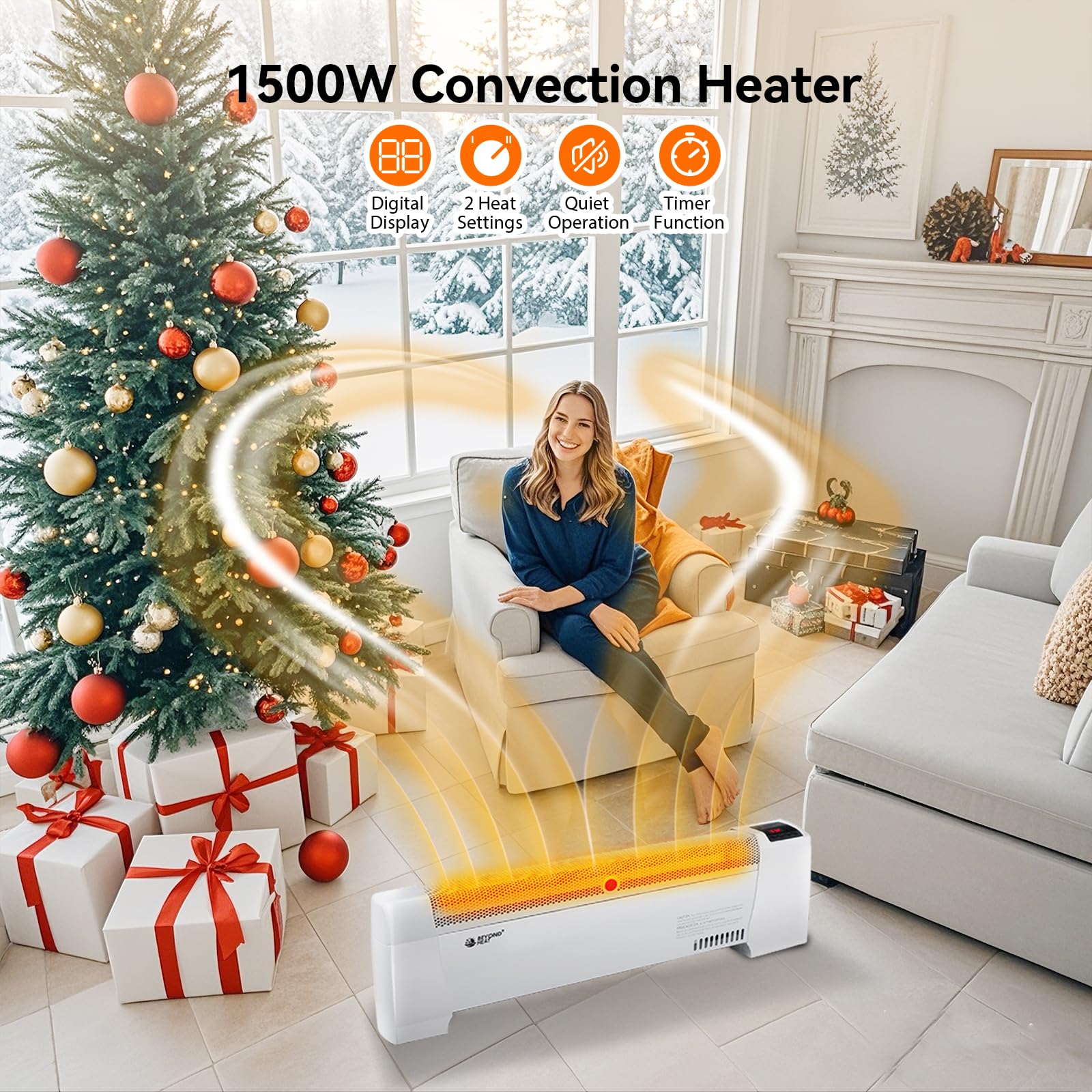 Beyond Heat Electric Baseboard Heater, 1500W Convection Heater With Adjustable Thermostat And Overheat Protection, Slient Operat