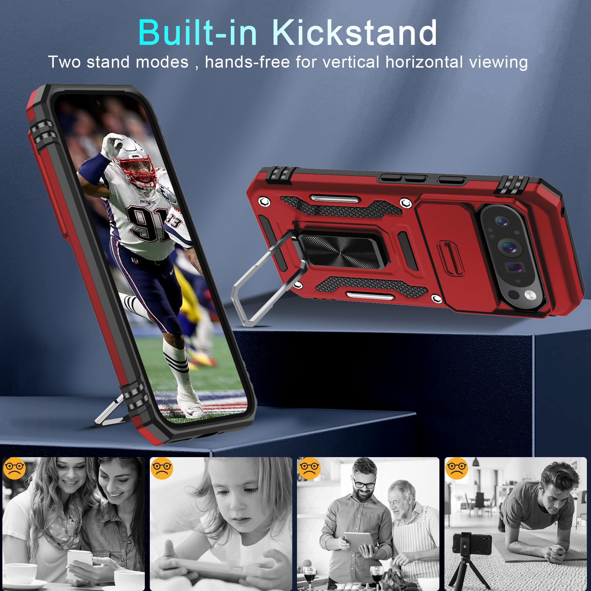 Deerlamn Case For Google Pixel 9 Pro Xl With Slide Camera Cover+Screen Protector(1 Pack), Rotated Ring Kickstand Military Grade