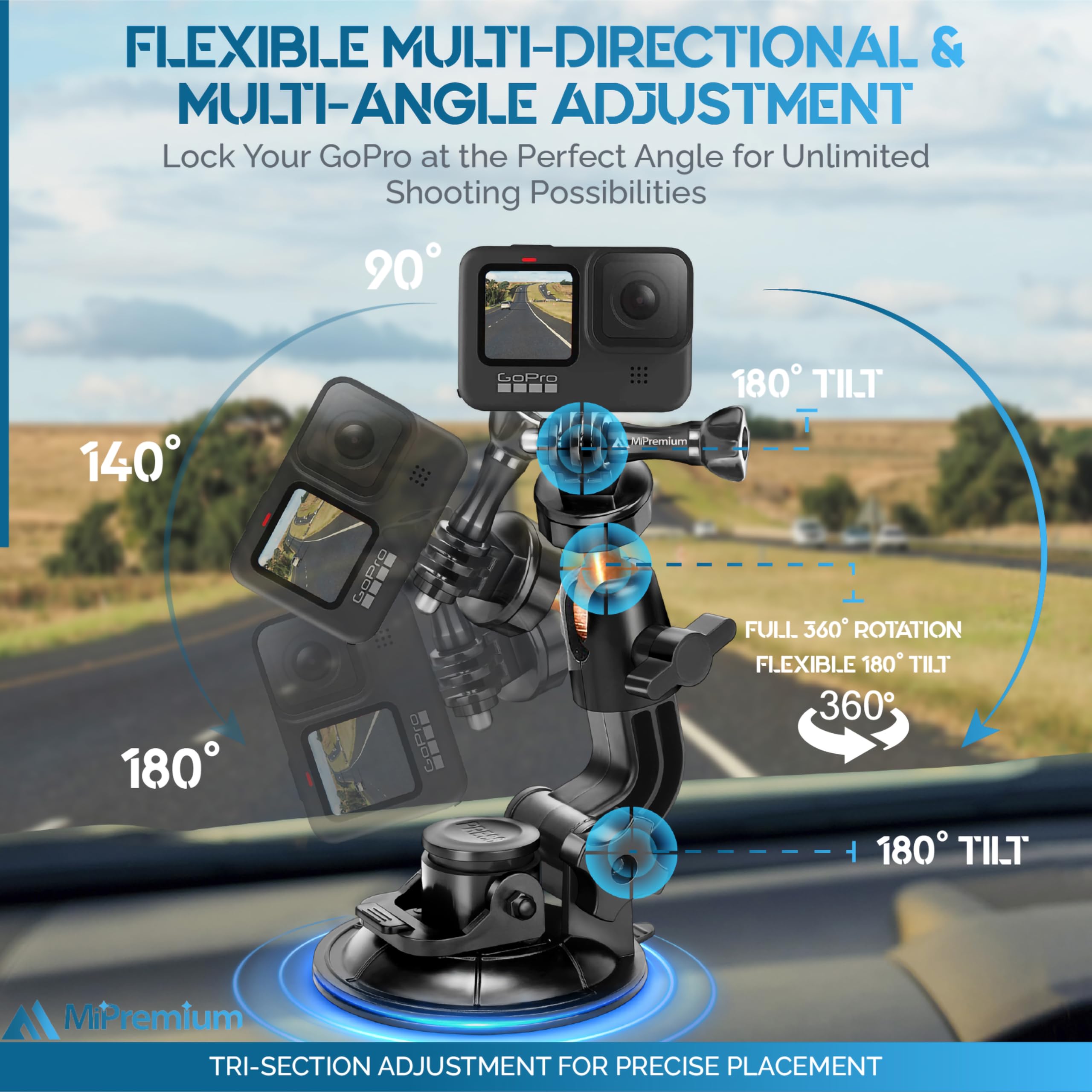 Mipremium Car Suction Cup Mount For Gopro Hero 13 12 11 10 9 8 7 6 5 4 3 3+ 2 Session Black Silver Xiaoyi 4K Sjcam Yi Sports Act