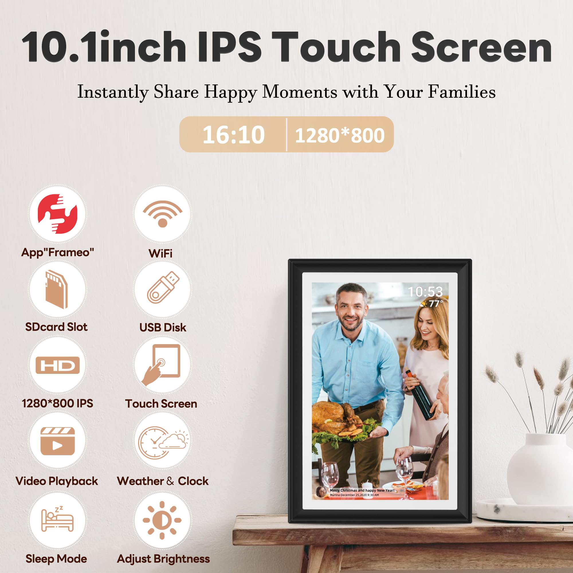 Reumar Digital Picture Frame,10.1 Inch,Wifi Smart Digital Photo Frame Ips Lcd Touch Screen, Auto Rotate,Built In 32Gb Storage, E