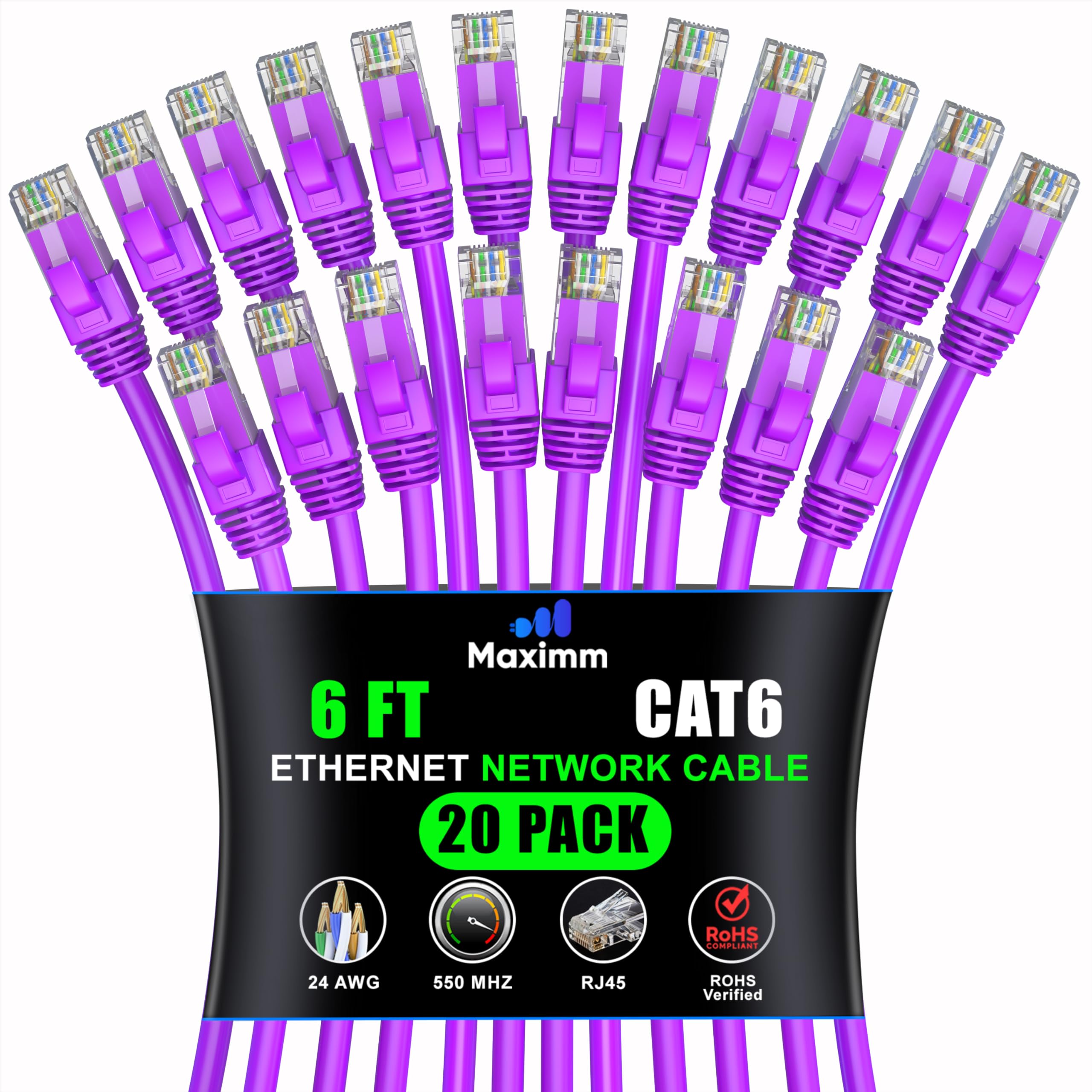 Maximm Cat 6 Ethernet Cable 6 Ft (20 Pack)   High Speed Lan Cable, Internet Cable, Patch Cable, And Network Cable   Utp, 10Gbps, 550Mhz Ethernet Cord   Purple
