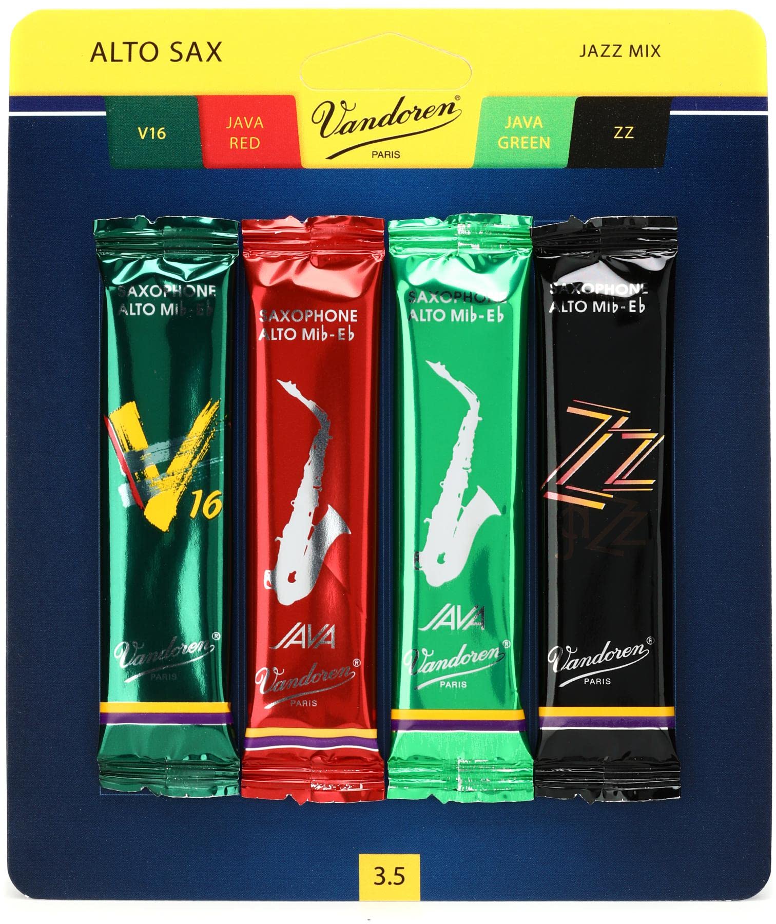 Vandoren Srmixa35 Alto Sax Jazz Reed Mix Card Includes 1 Each Zz, V16, Java And Java Red Strength 3.5