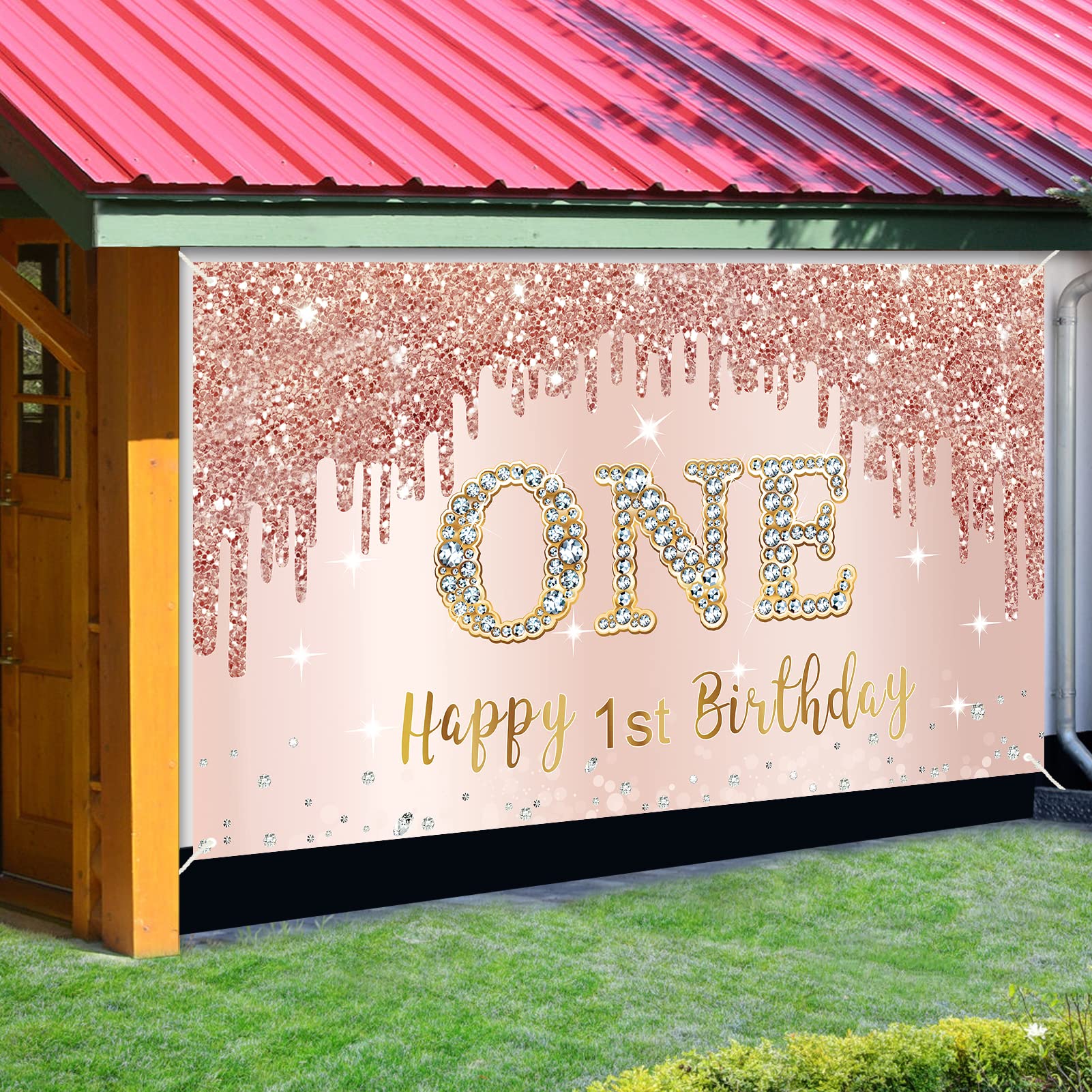 Happy 1St Birthday Banner Backdrop Decorations For Girls, Rose Gold 1 Year Old Birthday Party Sign Supplies, Pink One Birthday P