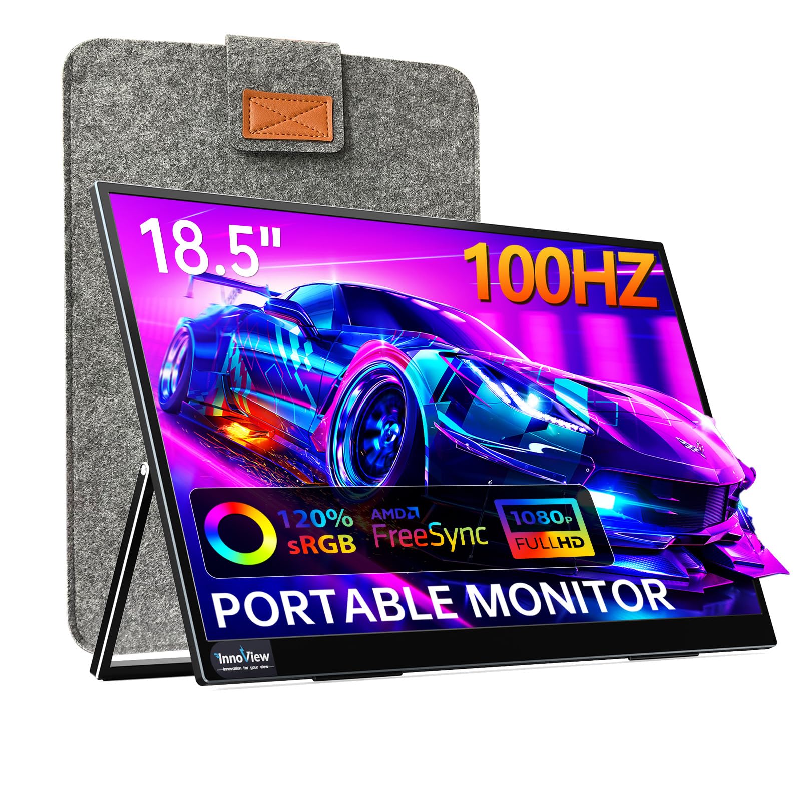 Innoview Portable Monitor 18.5 Inch 100Hz 120% Srgb, 1080P Fhd Ips Large Portable Monitor For Laptop Usb C Hdmi Hdr Travel Monit