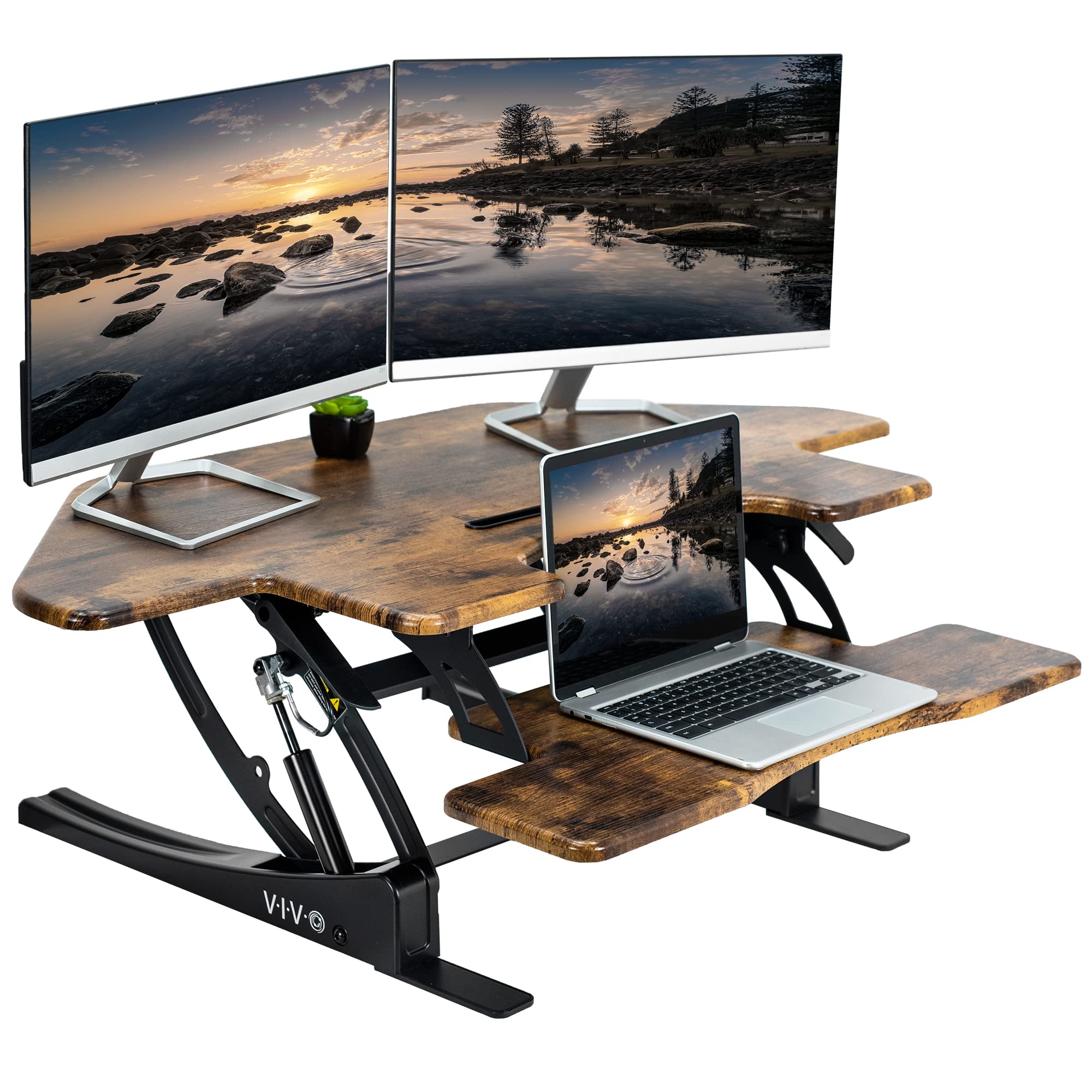 VIVO 43 inch Corner Height Adjustable Cubicle Stand Up Desk Converter, V Series, Quick Sit to Stand Tabletop Dual Monitor Riser Workstation, Rustic Vintage Brown, DESK V000VCN
