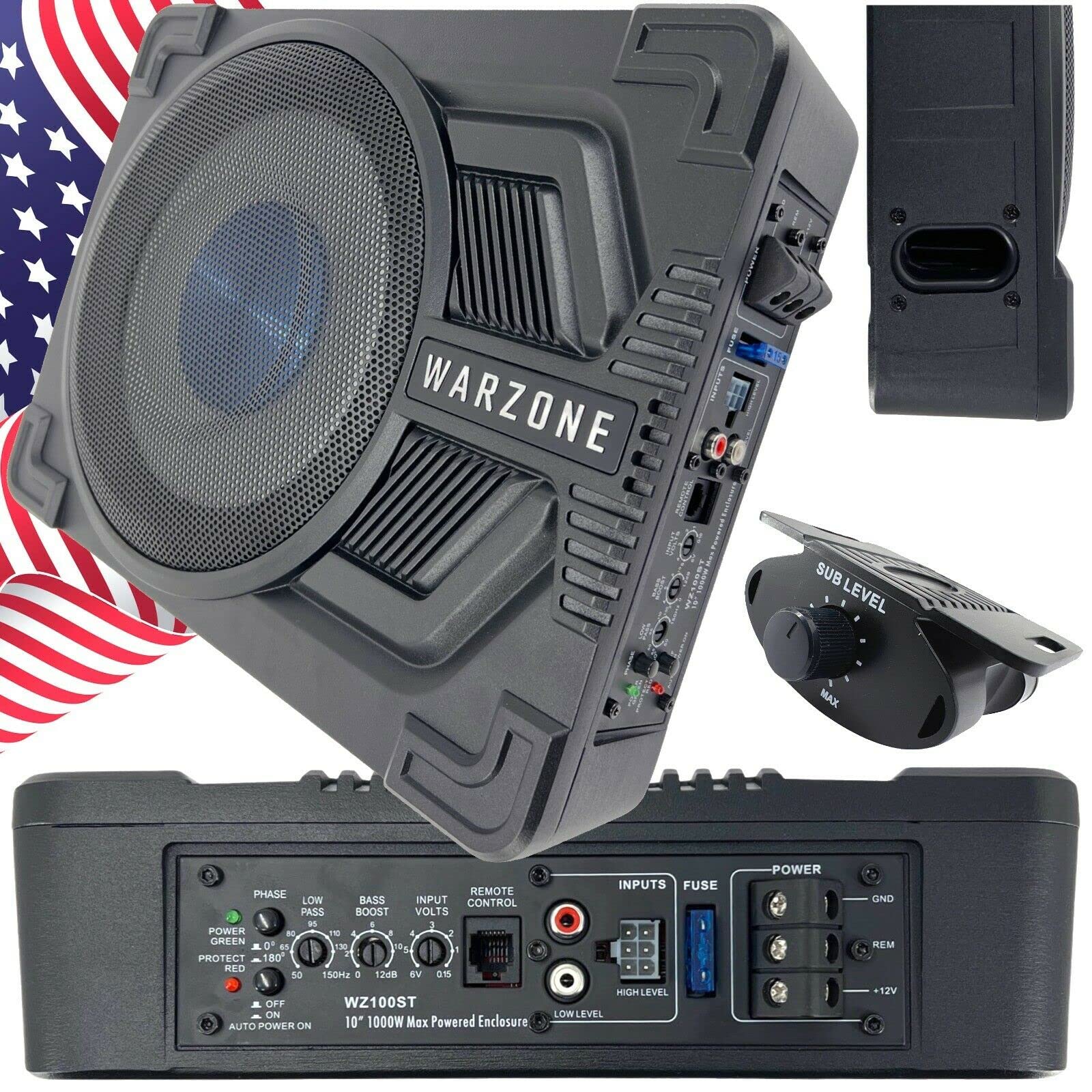 Gravity Warzone Wz100St 10' Pro Audio Active Compact Under Seat Slim Aluminum 1000 Watts 4 Ohm Subwoofer Powerful Loud Speaker With Bass Volume Control Knob