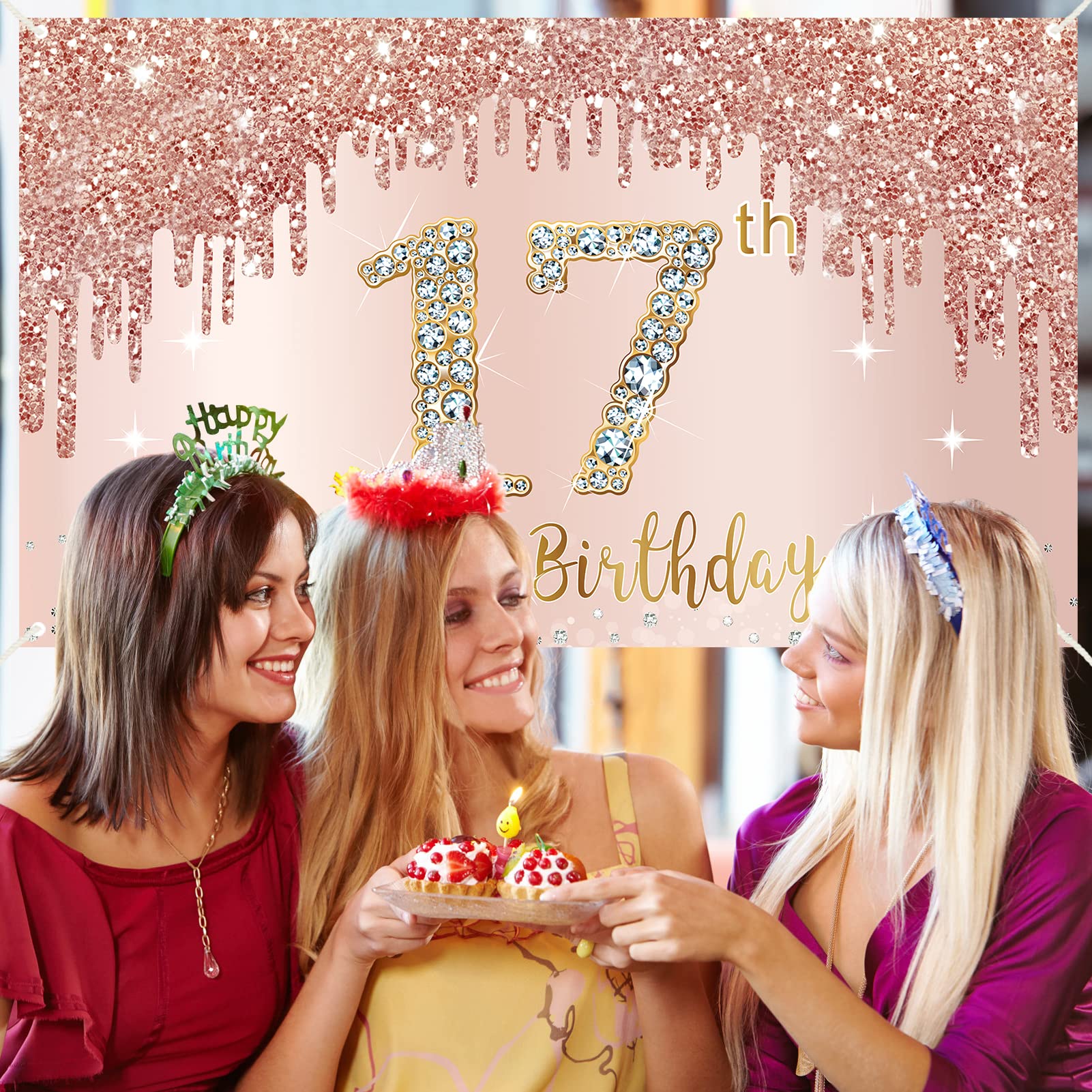 Happy 17Th Birthday Banner Backdrop Decorations For Girls, Rose Gold 17 Birthday Party Sign Supplies, Pink Seventeen Birthday Po