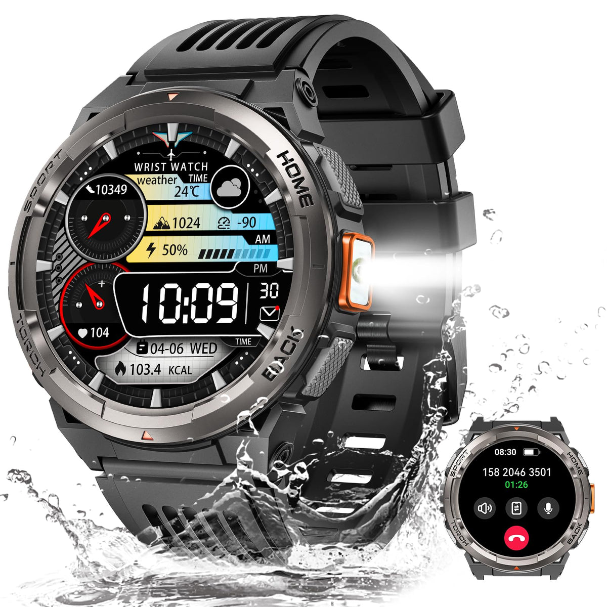 Military Smart Watch For Men With Call/Led Flashlight/3Atm Waterproof 1.45'' Hd Rugged Tactical Smartwatch With Compass Elevatio