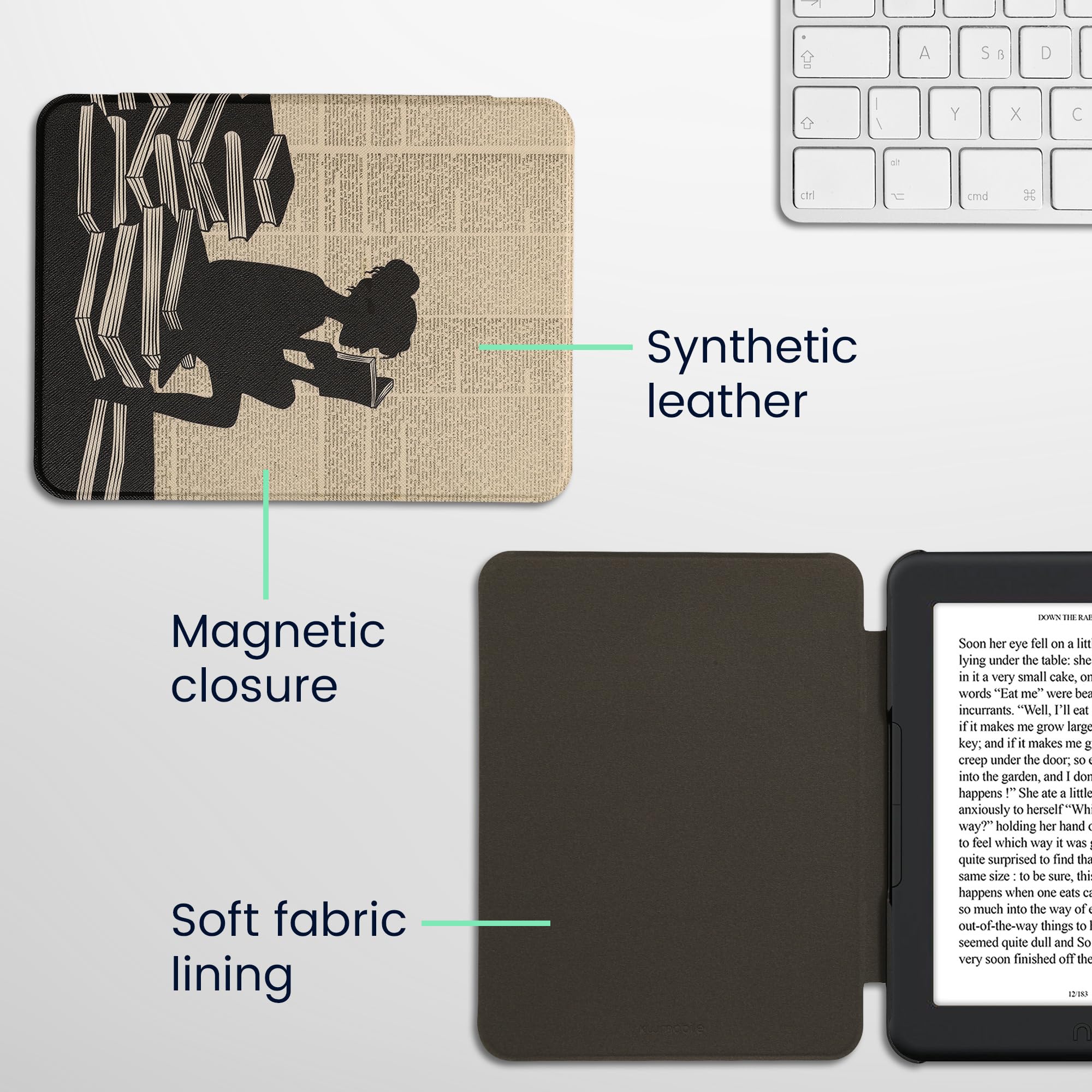 Kwmobile Case Compatible With Barnes & Noble Nook Glowlight 4 Plus Case   Ereader Cover   Girl And Books Black/Beige