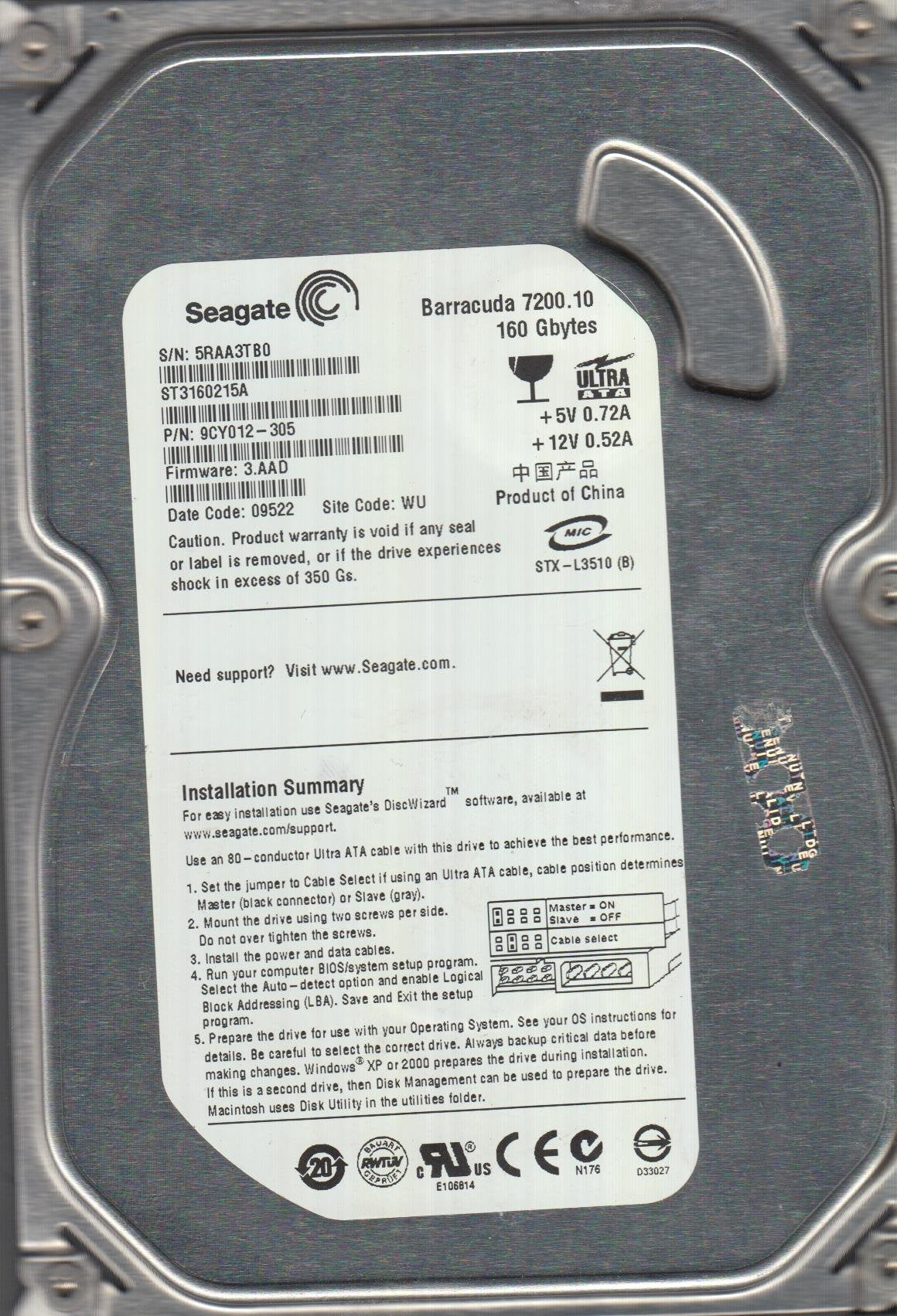 Seagate St3160215A 160Gb 7200 Rpm Ata 3.5'' Hd