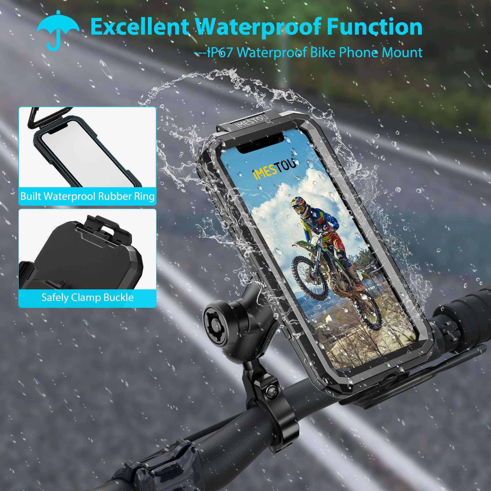 Imestou Anti Theft Waterproof Motorcycle Phone Holder Bike Phone Mount 1'' Ball Handlebar Stem Mobile Holder With Double Socket