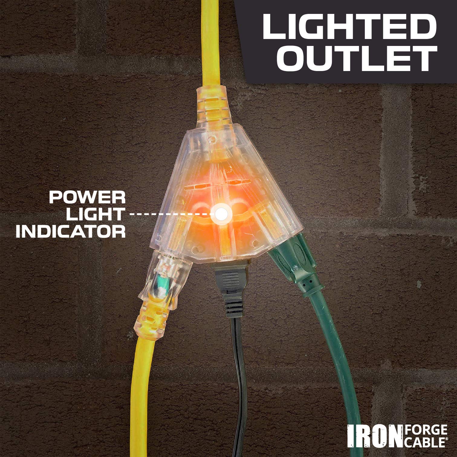 Iron Forge Cable 75 Foot Lighted Outdoor Extension Cord With 3 Electrical Power Outlets   12/3 Sjtw Heavy Duty Yellow Extension Cable With 3 Prong Grounded Plug For Safety, 15 Amp